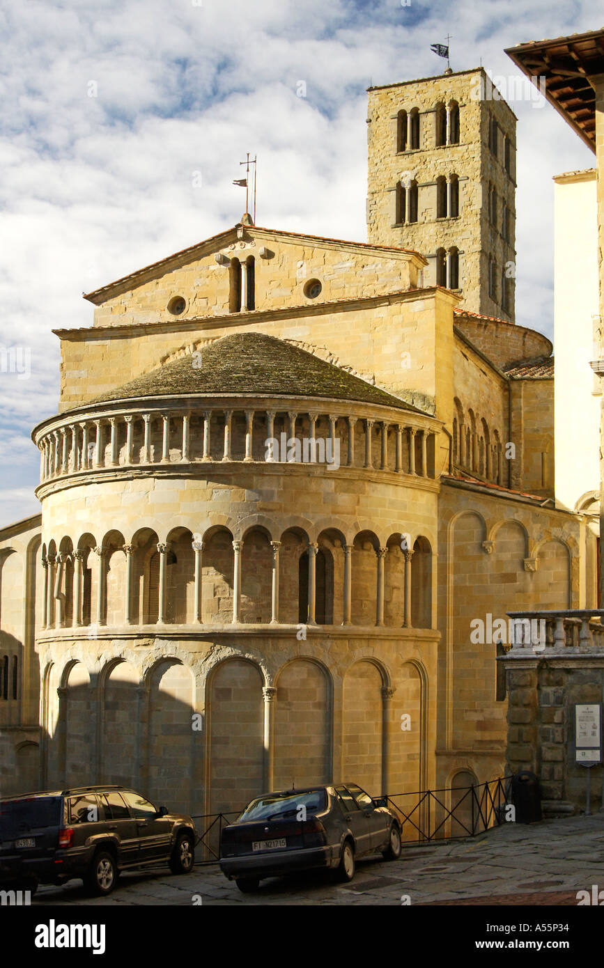 Die gerundeten hinteren Apsis Pieve Pfarrei Kirche der Santa Maria Arezzo Toskana Italien im 9. bis 11. Centurie gebaut Stockfoto