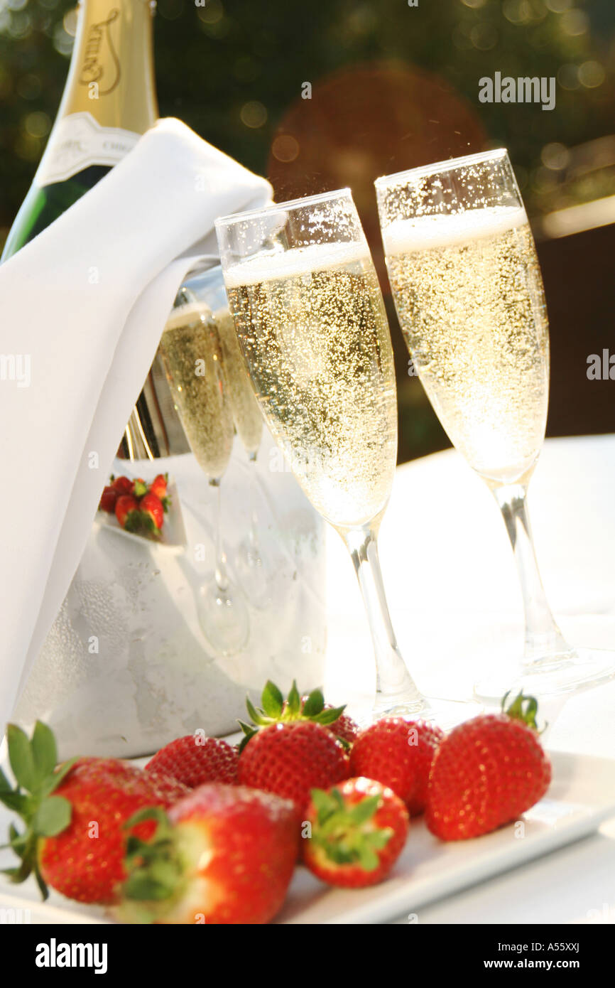 Champagner-Flasche, Gläser und Erdbeeren auf einem Tisch, England, UK Stockfoto