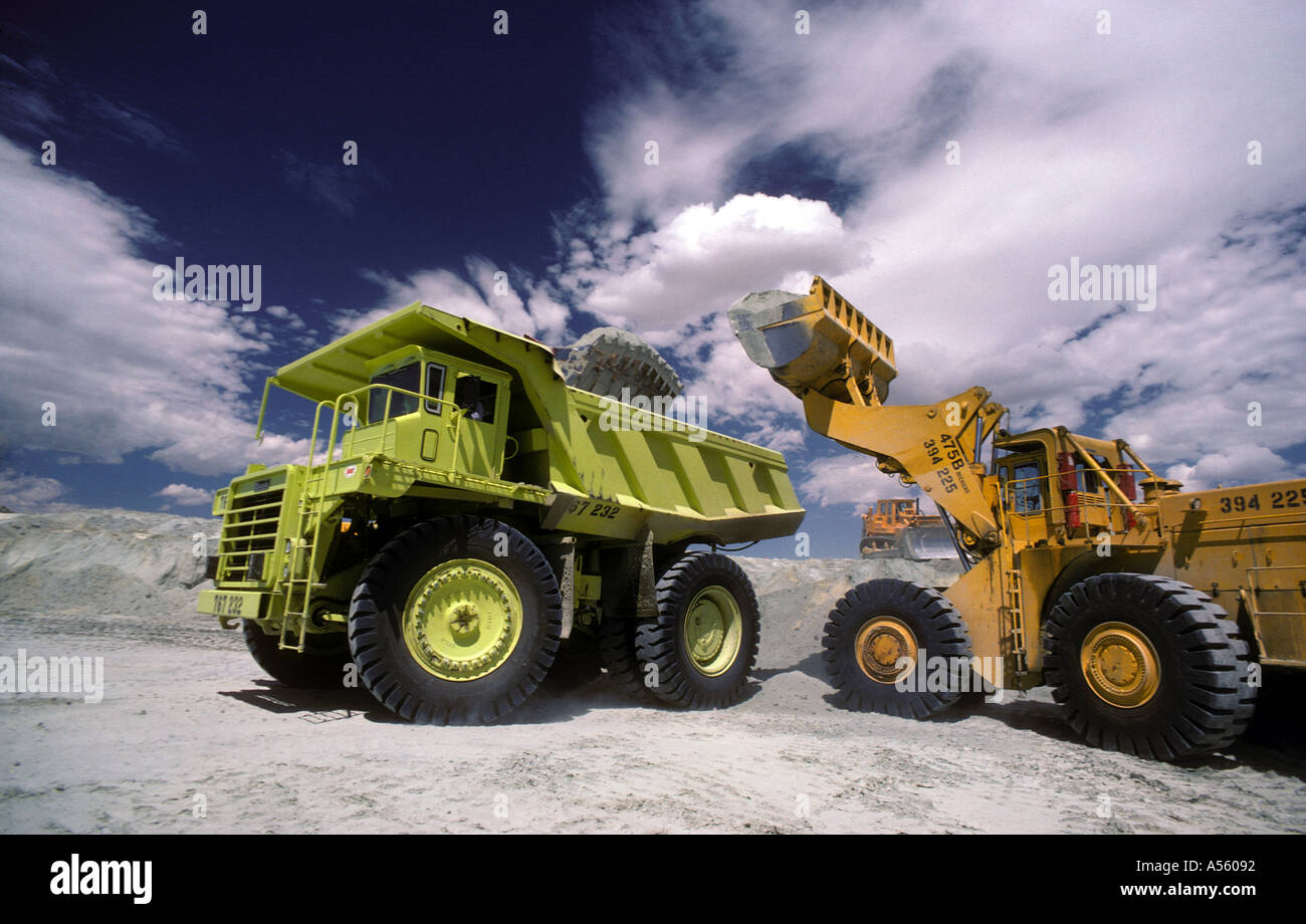 riesige Lader laden Kupfererz in großen off Road Muldenkipper an Kniescheibe Copper Mine Utah Stockfoto