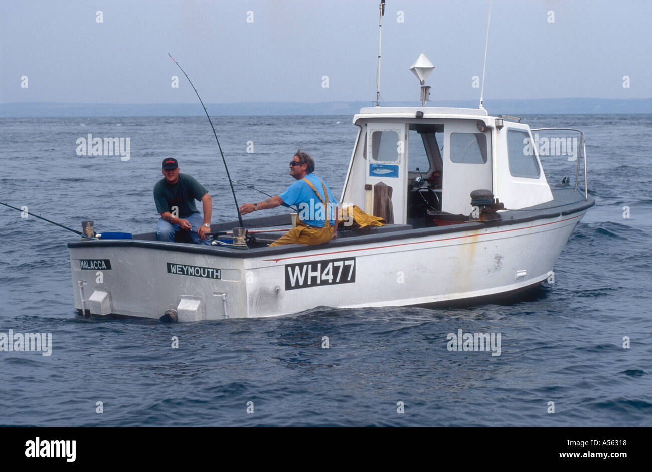 Fischern, die für Bass mit Stangen und Linie aus einer modifizierten Fairey Jägerin Motoryacht aus Portland Weymouth Dorset-England Stockfoto