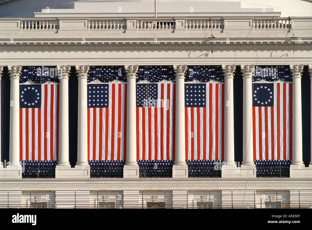 US Capitol Building mit amerikanischen Fahnen drapiert zwischen Spalten Stockfoto