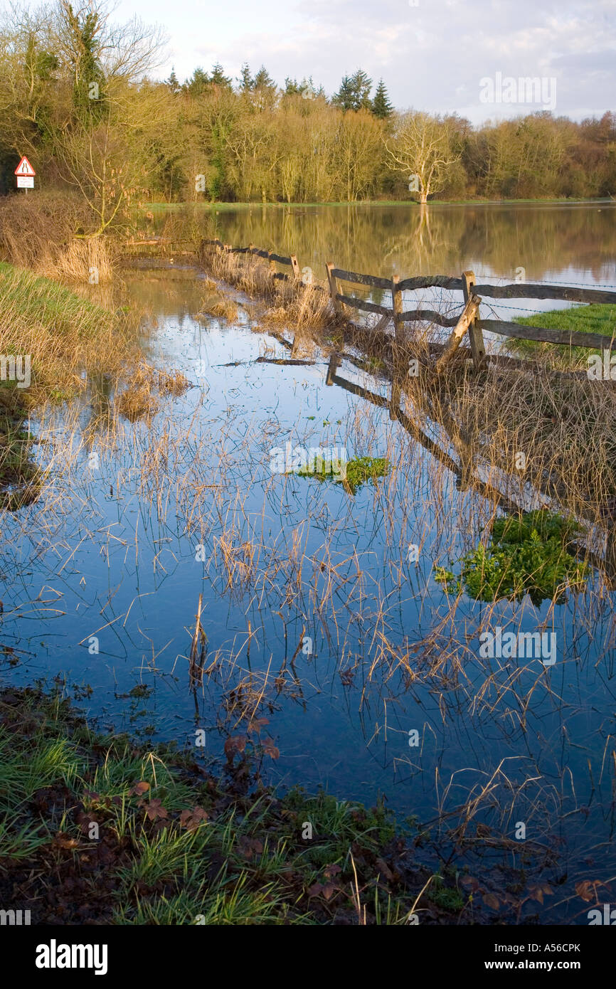 Überschwemmte Felder durch den Fluss Arun Platzen der Banken in West Sussex, winter 2007 Stockfoto