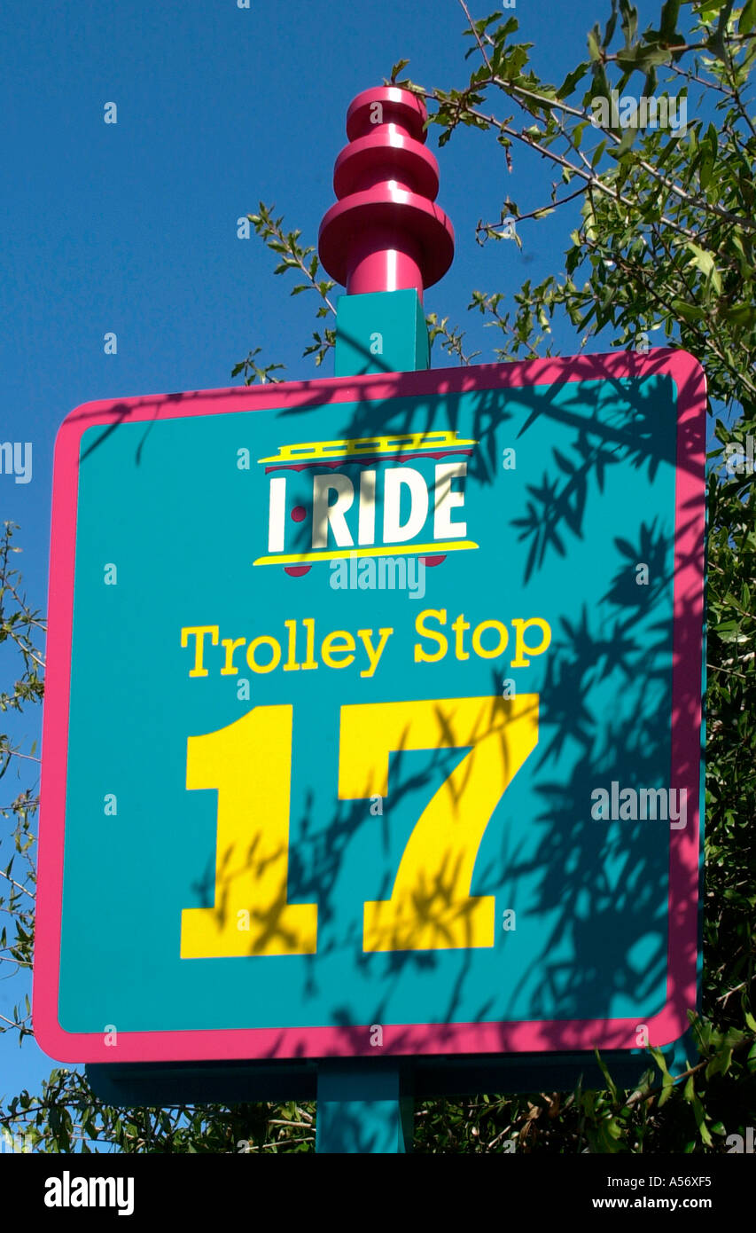 Ich reite Trolley-Haltestelle, International Drive, Orlando, Florida, USA Stockfoto