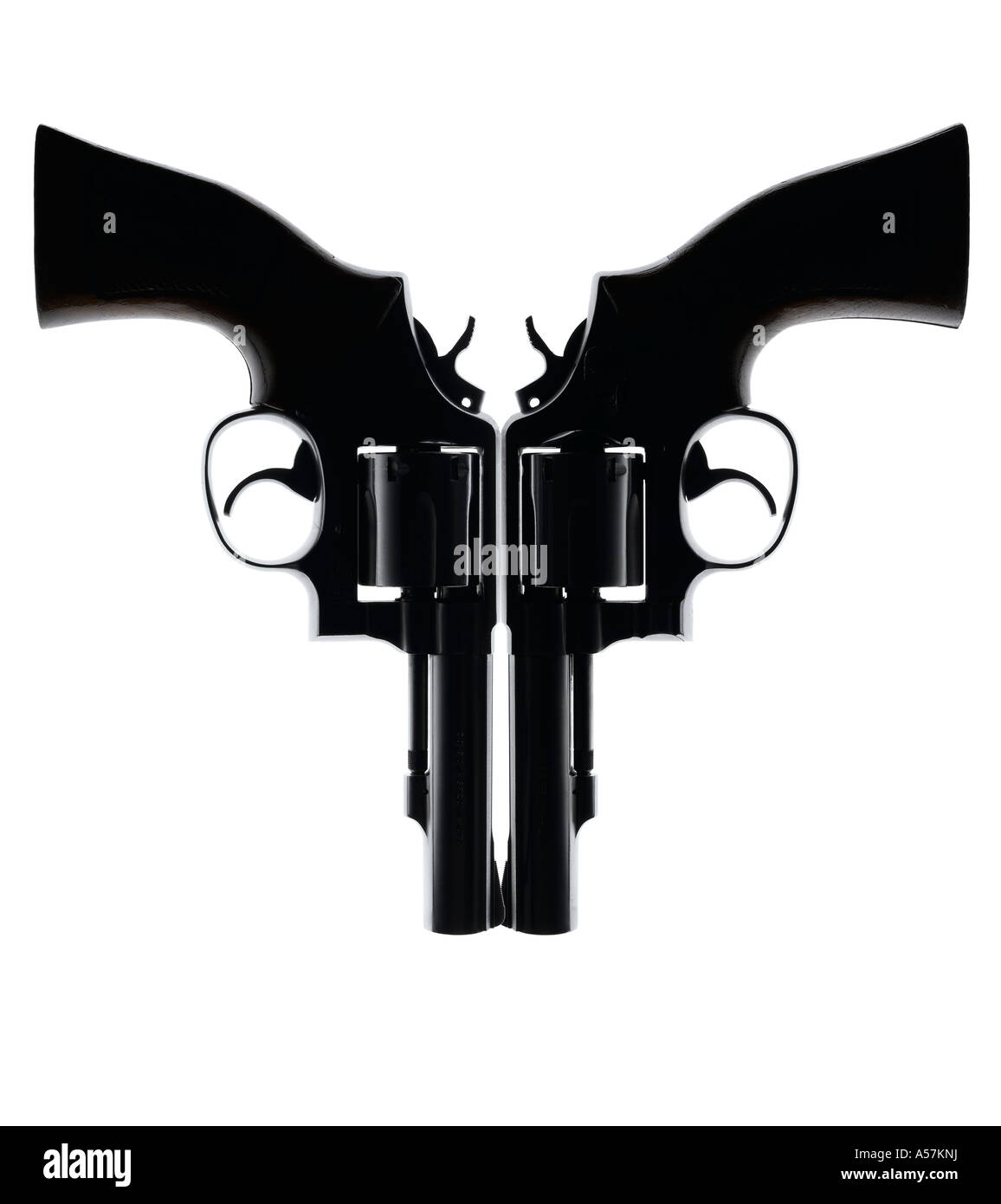 Zwei Handfeuerwaffen kreativ positioniert, um ein Gesicht oder eine interessante Form erstellen Stockfoto