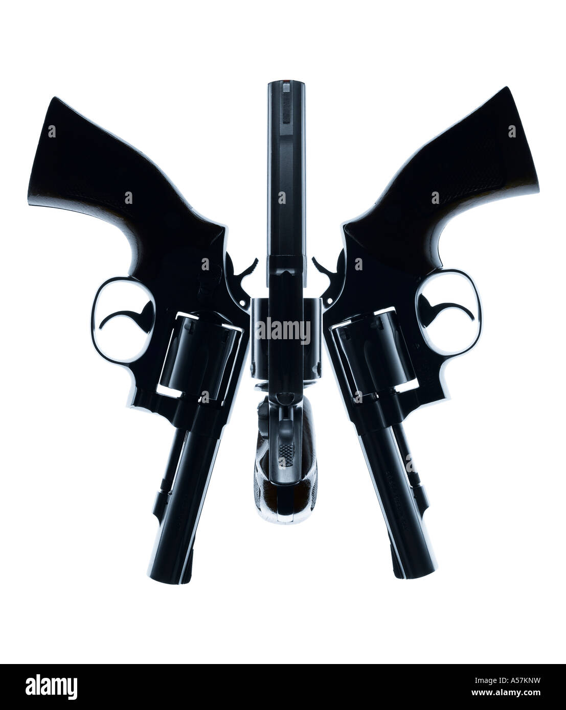Drei Pistolen kreativ positioniert, um ein Gesicht oder eine interessante Form erstellen Stockfoto