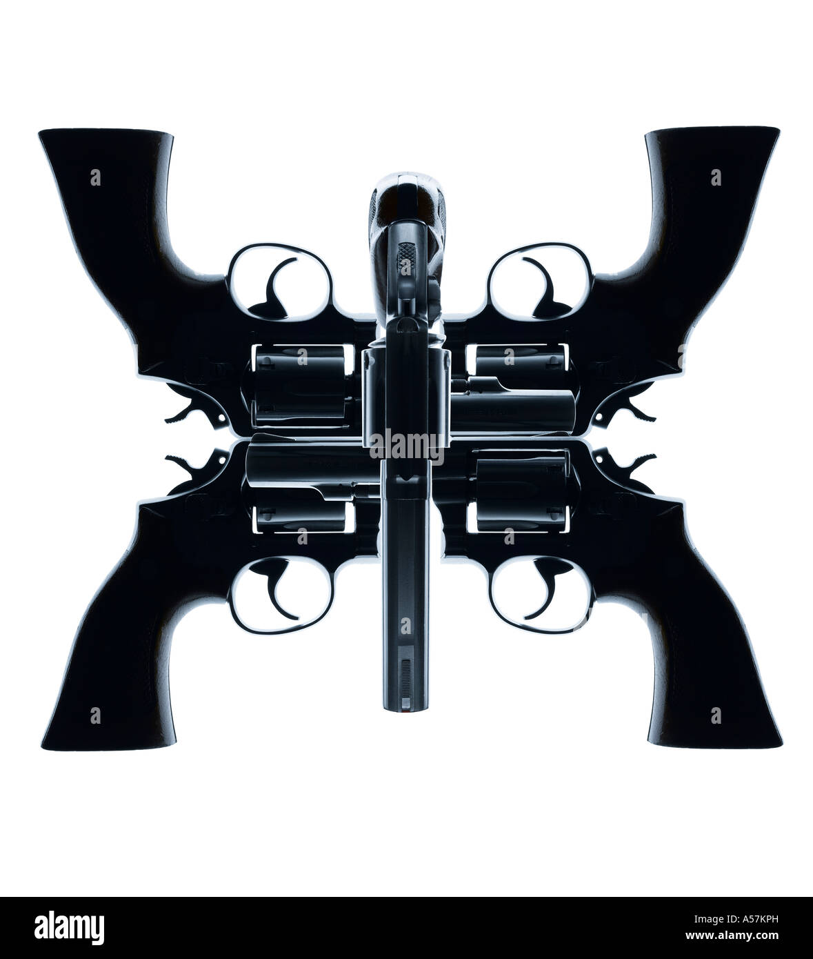 Fünf Handfeuerwaffen kreativ positioniert, um ein Gesicht oder eine interessante Form erstellen Stockfoto