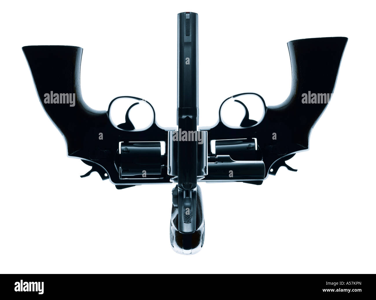 Drei Pistolen kreativ positioniert, um ein Gesicht oder eine interessante Form erstellen Stockfoto