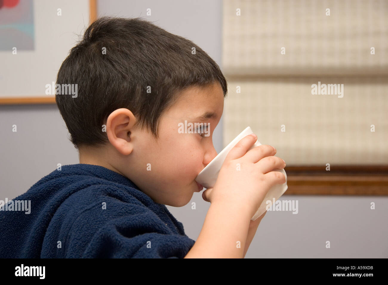 Vier Jahre alter Junge aus der Tasse trinken Stockfoto