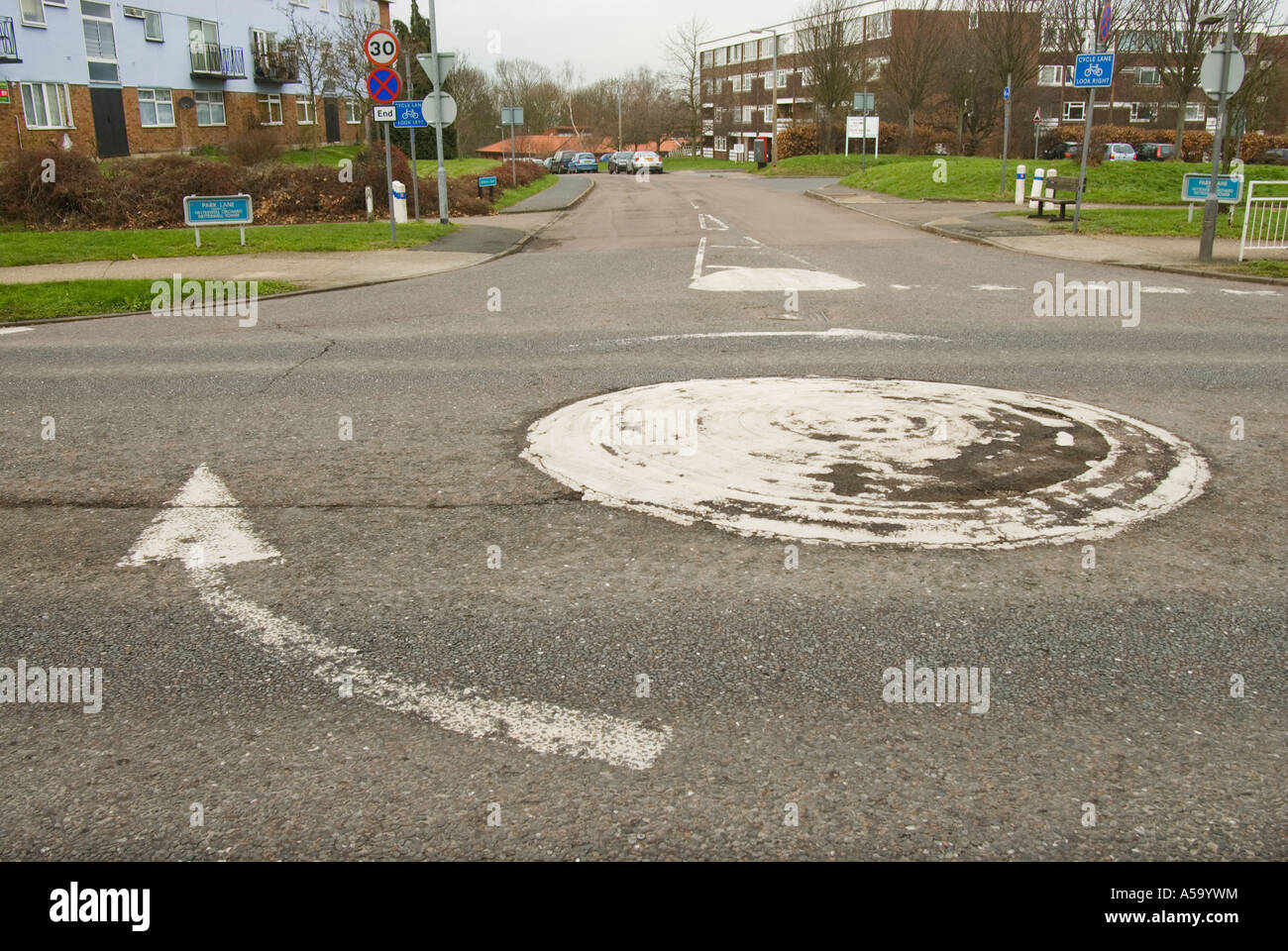 Mini-Kreisverkehr in Harlow Town, Essex, UK Stockfoto