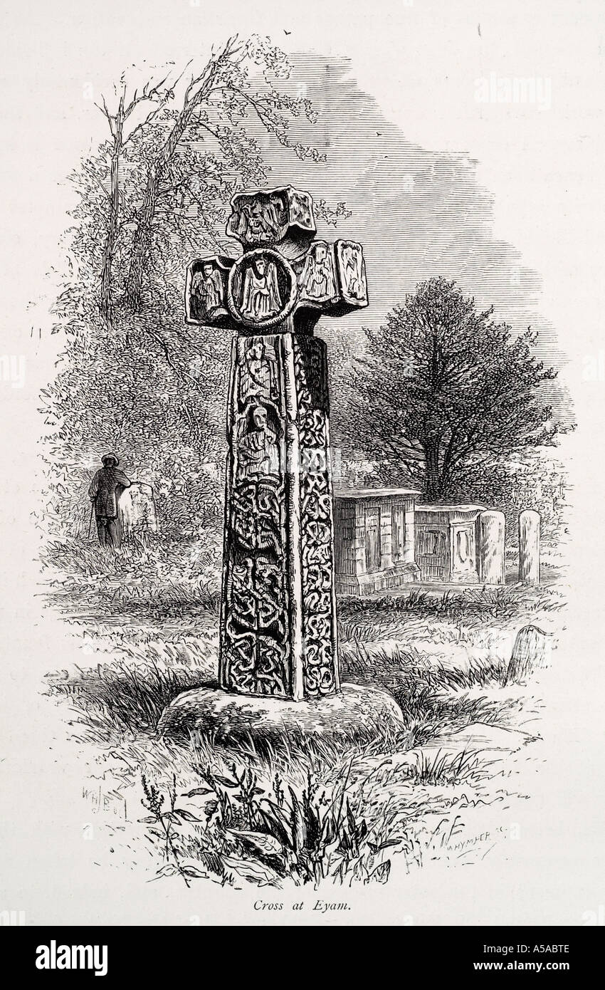 Eyam Kirchhof mittelalterliche steinerne Keltenkreuz Pest Dorf Derbyshire Peak District UK GB Großbritannien Großbritannien Ch Stockfoto
