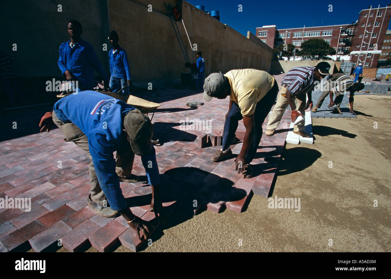 Arbeitnehmer, die Festlegung von Steinen für den Boden eines Gebäudes in Johannesburg Stockfoto