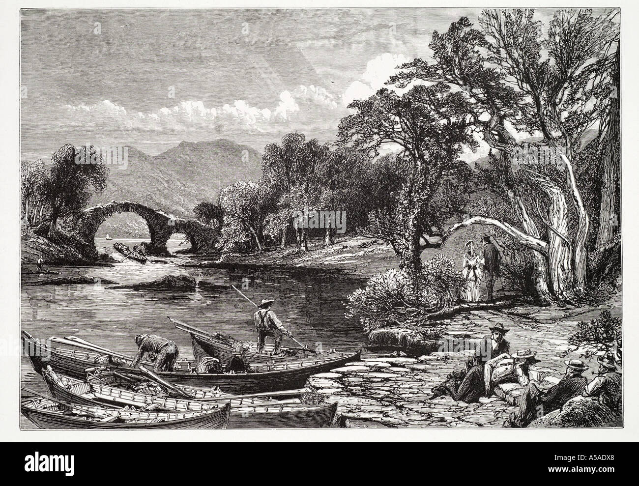 Weir Bridge County Kerry Killarney Ruderboot Reisegruppe arch See Lough Baum Bank Rest Irland Irish Irland Republik Smaragd Stockfoto