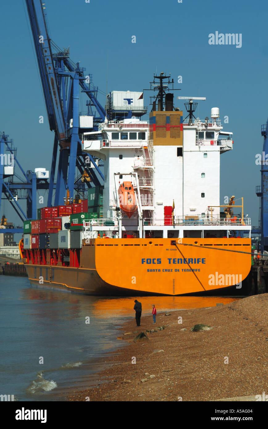 Container Port of Felixstowe River Orwell Mündungskrane bereit Be-und Entladen Container von Frachtschiff East Anglia Suffolk England UK Stockfoto