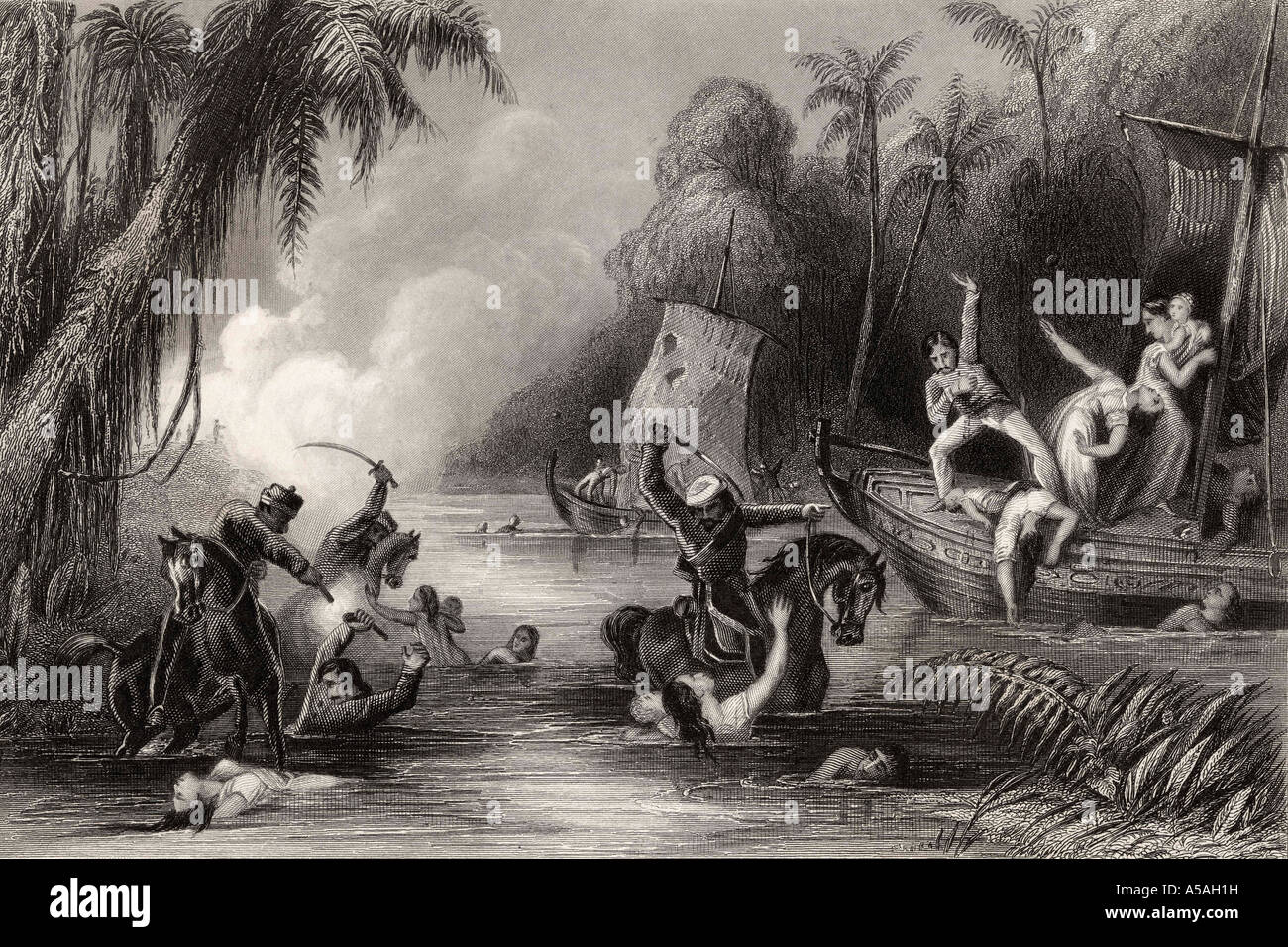 Massaker in den Booten vor Cawnpore 1857. Aus der Geschichte der indischen Meuterei, erschienen 1858. Stockfoto