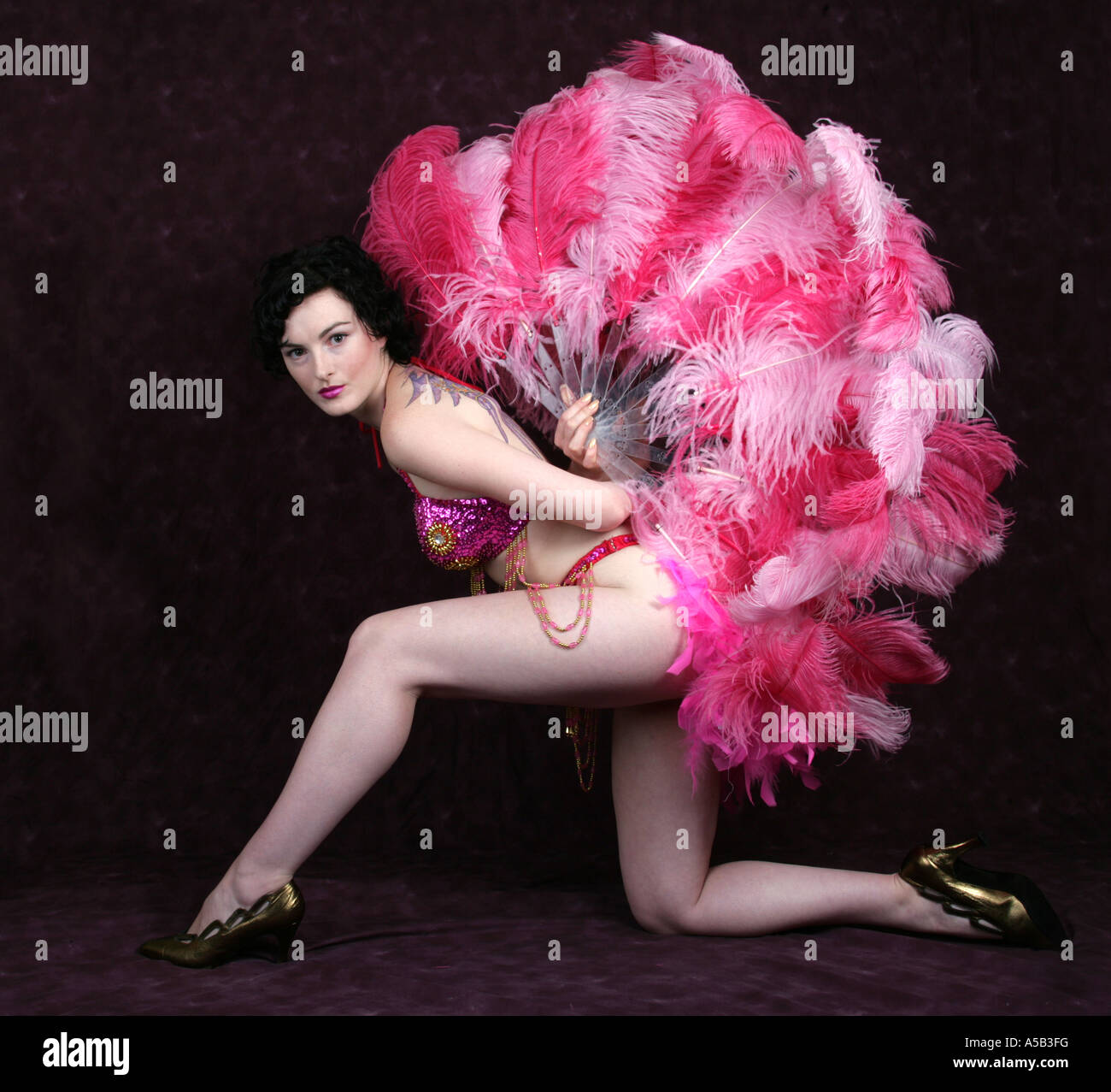 Burlesque Darsteller mit rosa Ostrich Feather Fans Stockfoto
