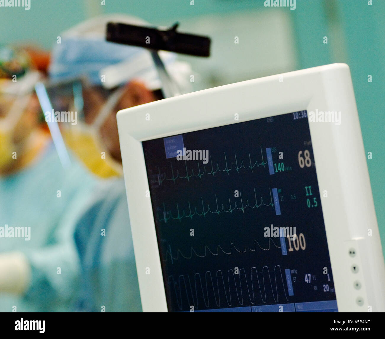 Pulsmesser mit Chirurgen im Hintergrund. Stockfoto