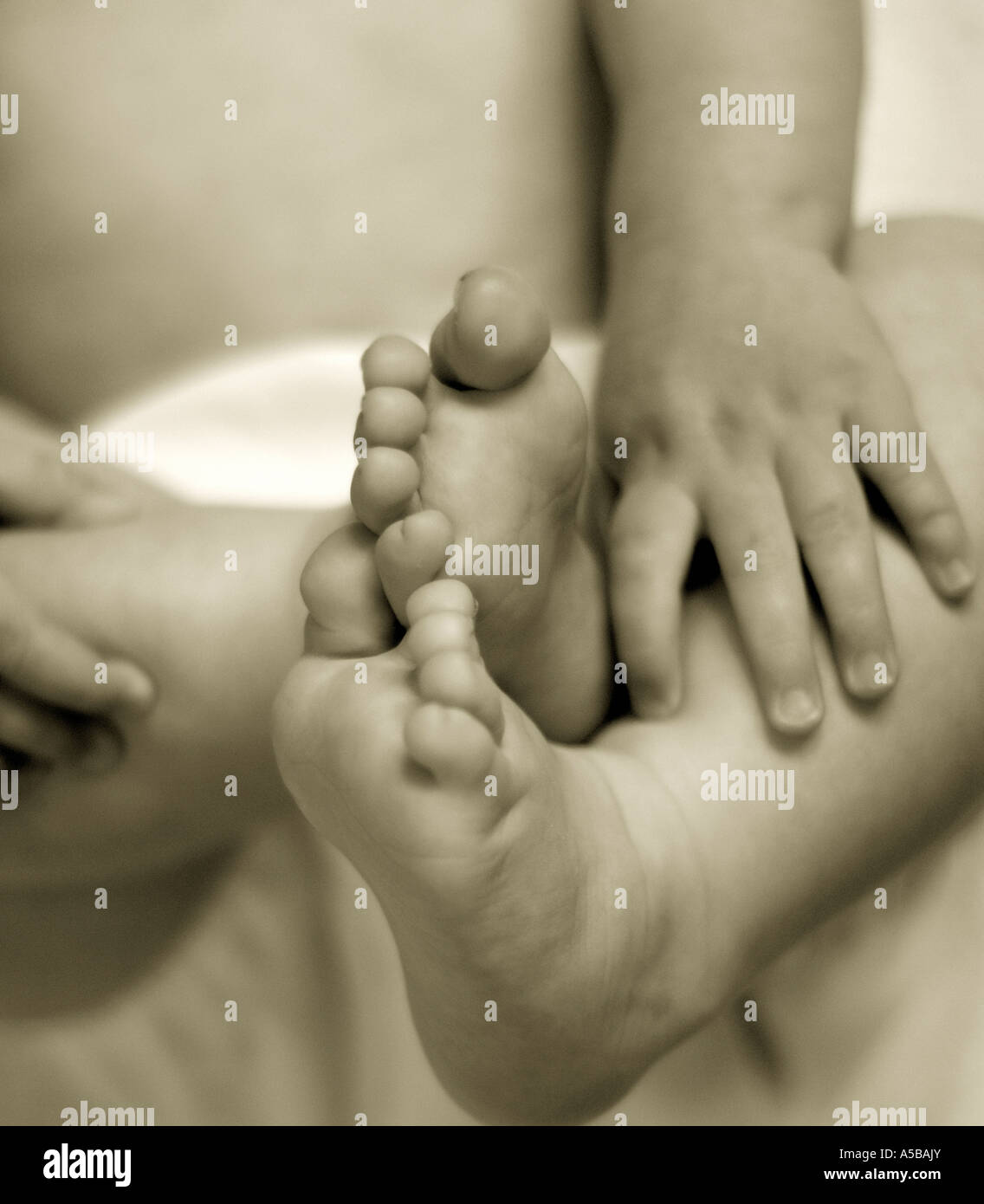 Säugling Baby halten und Hände und Füße zu entdecken. Stockfoto