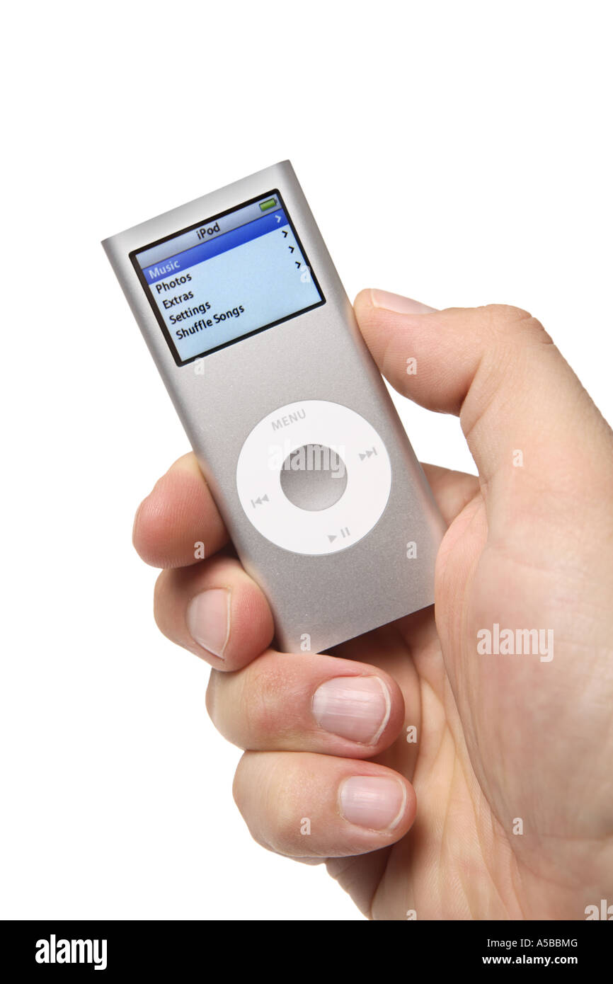 Hand, die einen Ipod Nano MP3-Player Stockfoto