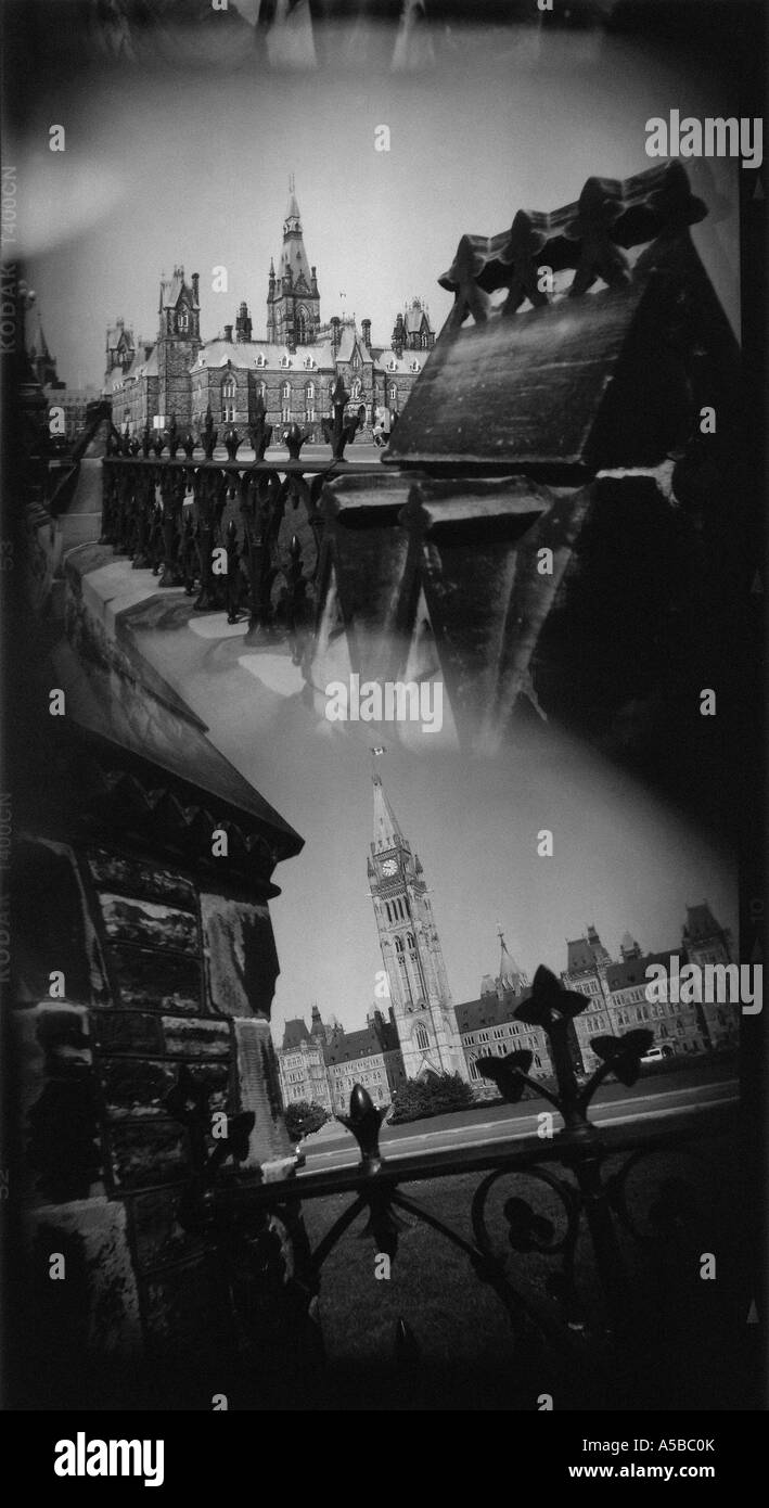 B&W Mehrfachbelichtung Kanadas Parlamentsgebäude. Stockfoto