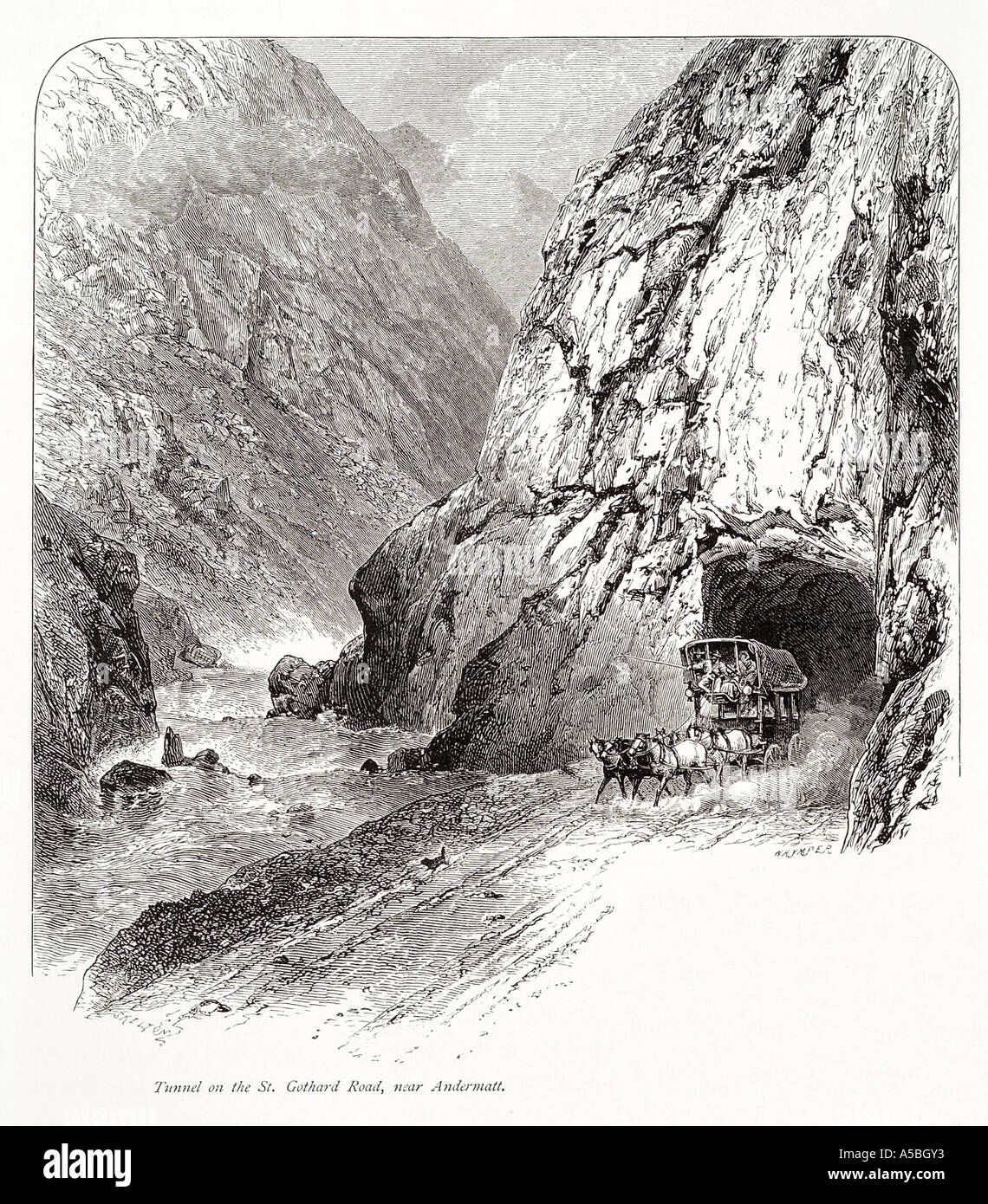Straße Sankt Gotthard Andermatt Schweiz Schweizer Alp alpine Pkw Bühne Trainer Pferd Team Fluss Tal Berg Abgrund trans Stockfoto