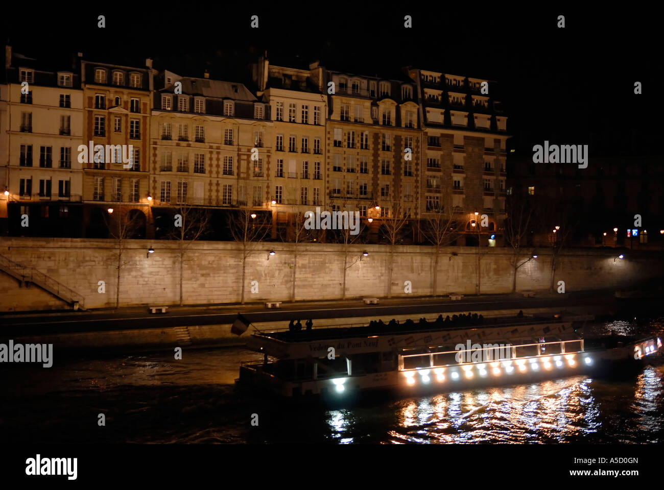 Boot auf der Seine bei Nacht in Paris Stockfoto