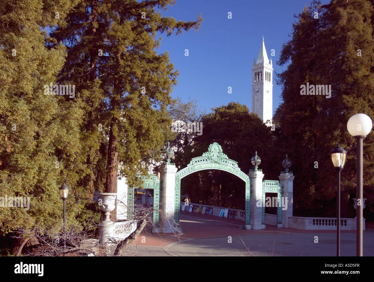 Sather Gate und Sather Tower (Campanile) im Hintergrund, Haupteingang zum Campus University of California, Berkeley Stockfoto