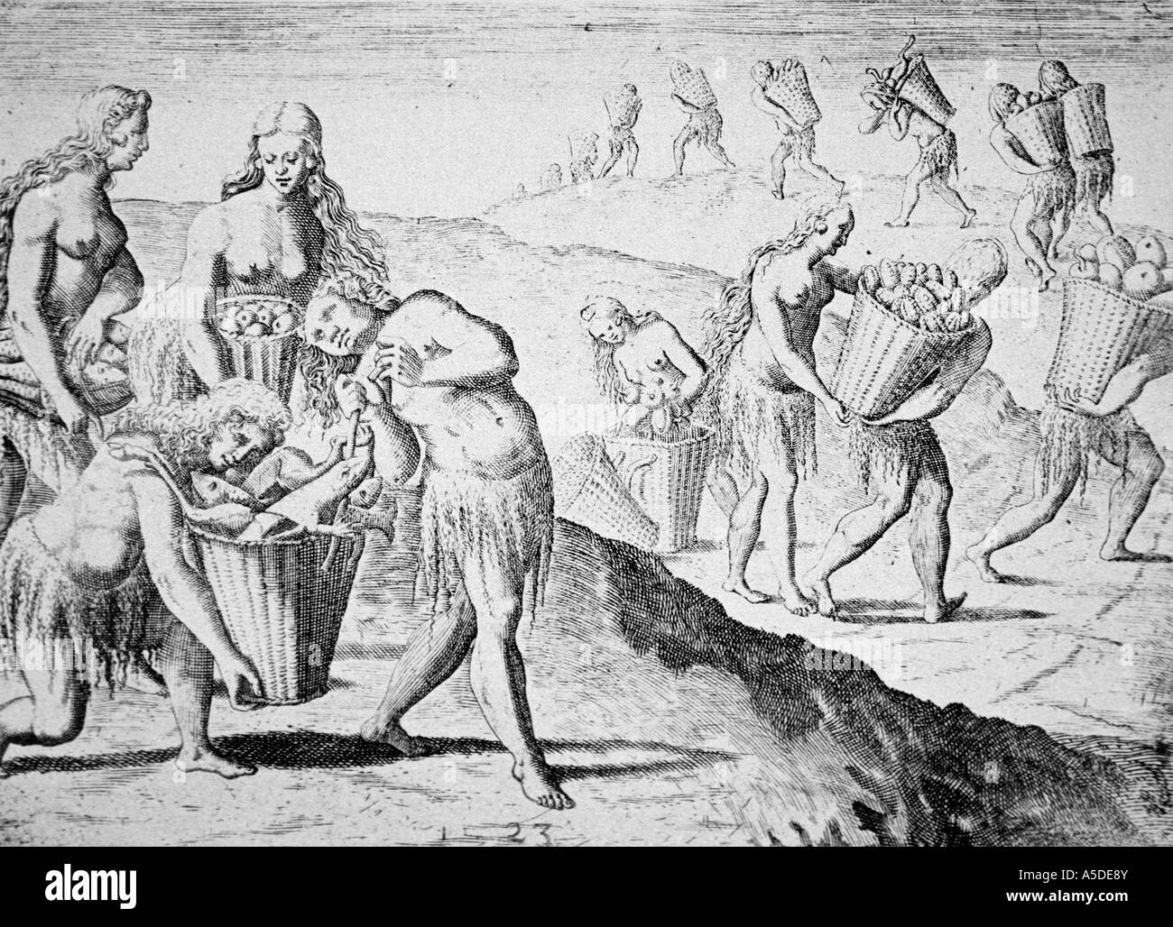 Kupferstich von flämischen Kupferstecher Theodore de Bry aus einem sechzehnten Jahrhundert Gemälde von Franzose Jaques Le Moyne Stockfoto