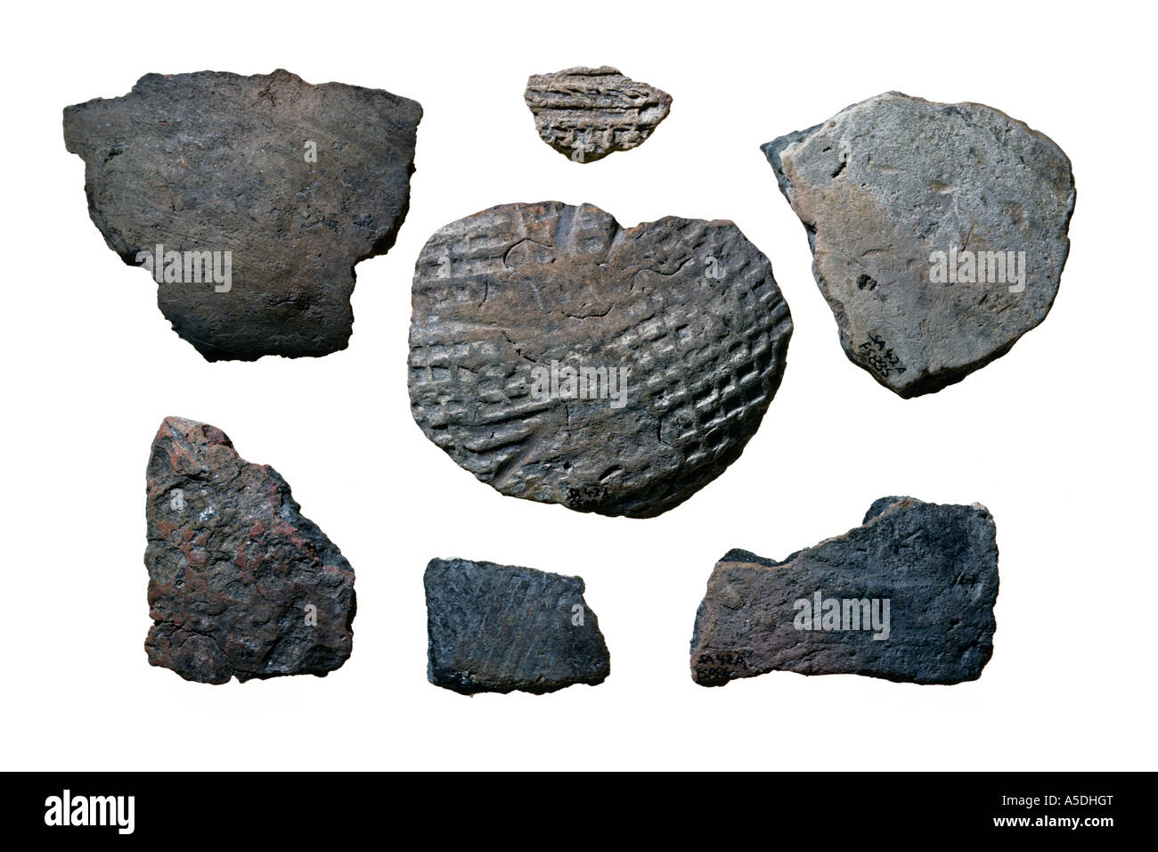 Beispiele für indianische Tonwaren gefunden in archäologischen Ausgrabungen in den südöstlichen USA Stockfoto