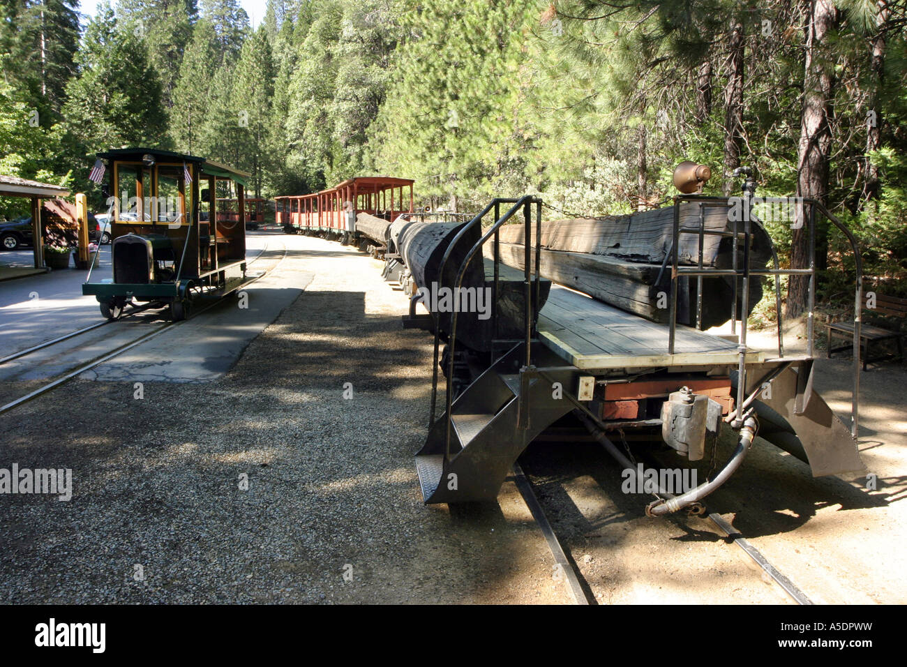 Wagen an den Zug, Yosemite Berg Zucker-Kiefer Railroad, Kalifornien, USA Stockfoto