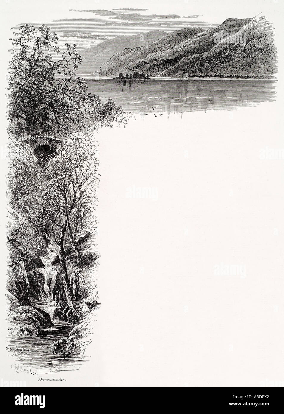 Derwent Wasser Cumbria Lake District Nationalpark Königin Tal Strean Brücke Baum Mann Hund Bergwanderung UK GB England Englisch Un Stockfoto