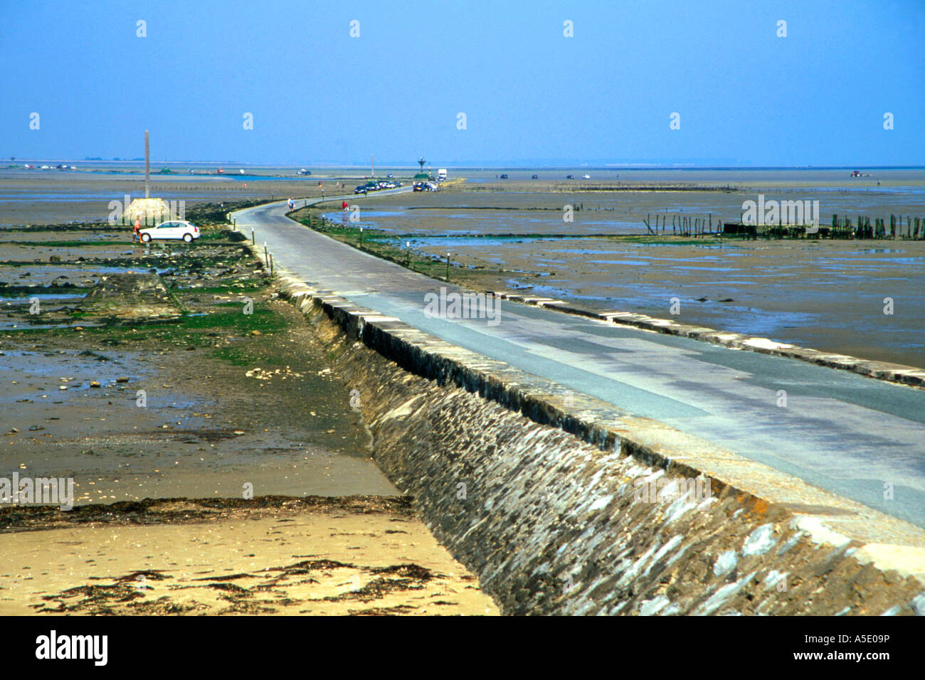 Passage du Gois, Unterwasser Gezeiten Weg zur Insel Noirmoutier vom Festland, Westfrankreich Stockfoto