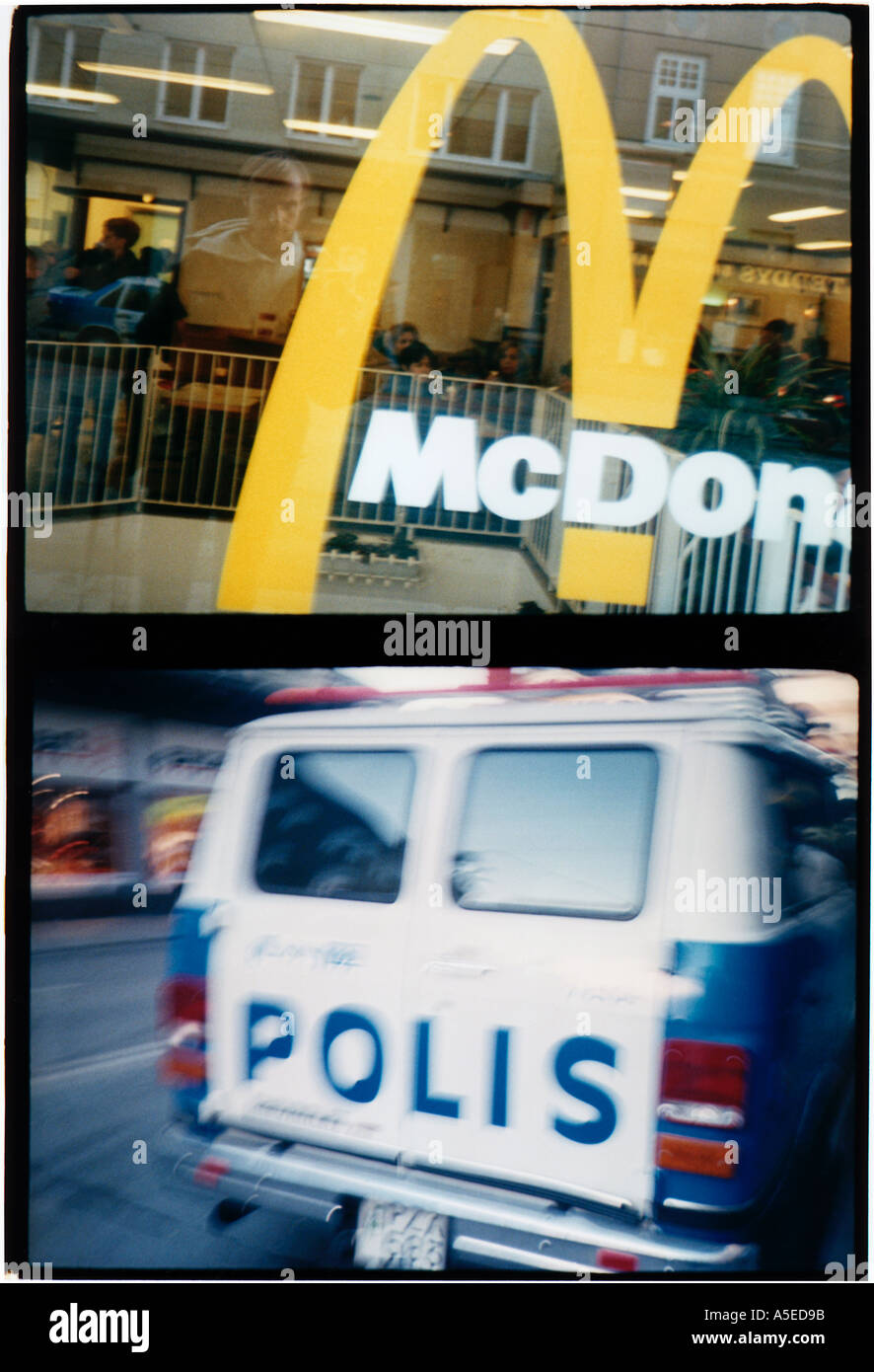 Geteilte Bilder zwei in einem Restaurant-Logo und der Polizei Stockfoto