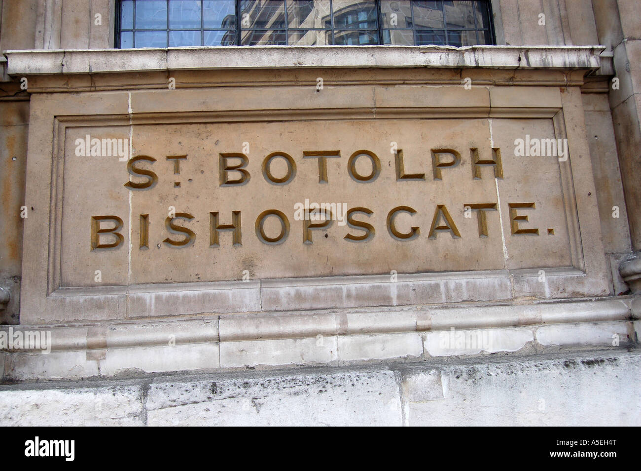 St Botolph ohne Bishopsgate, City of London, UK - Kirche Zeichen Stockfoto