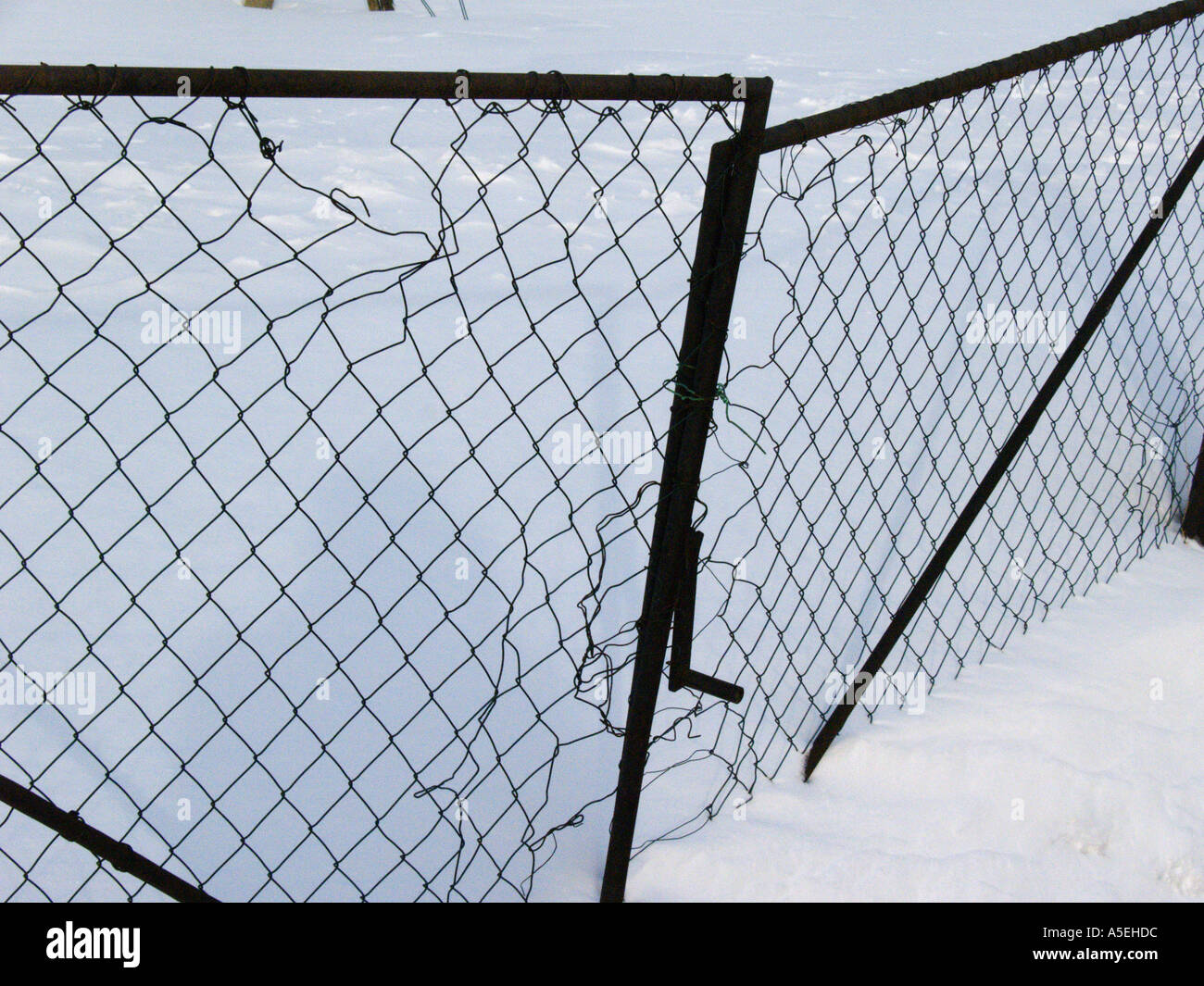 alte, gebogene Zaun im Schnee Stockfoto