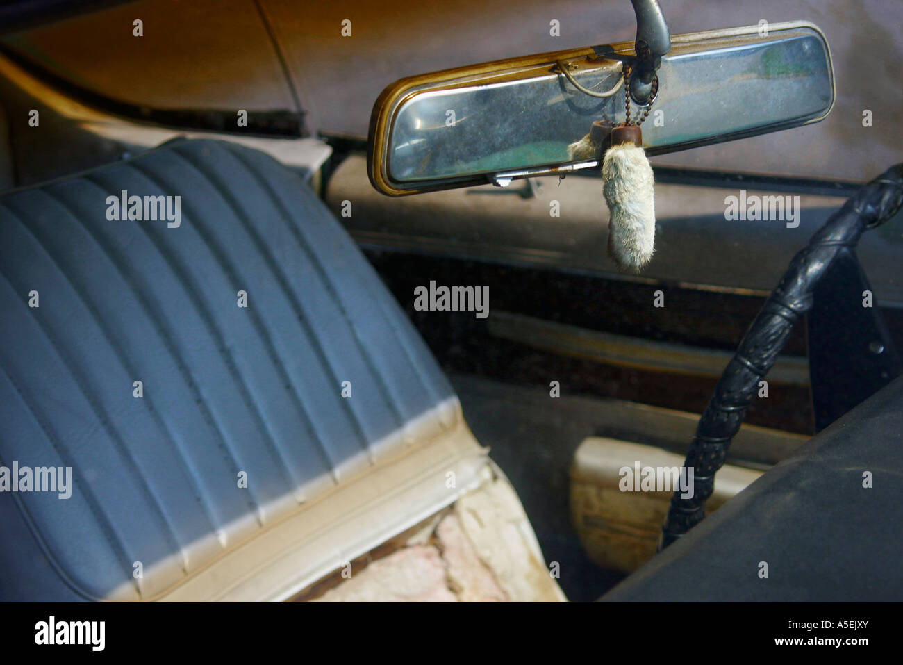 Eine alter Hase s Fuß Charme hängt von den Rückspiegel eines Junk-e-Autos Stockfoto