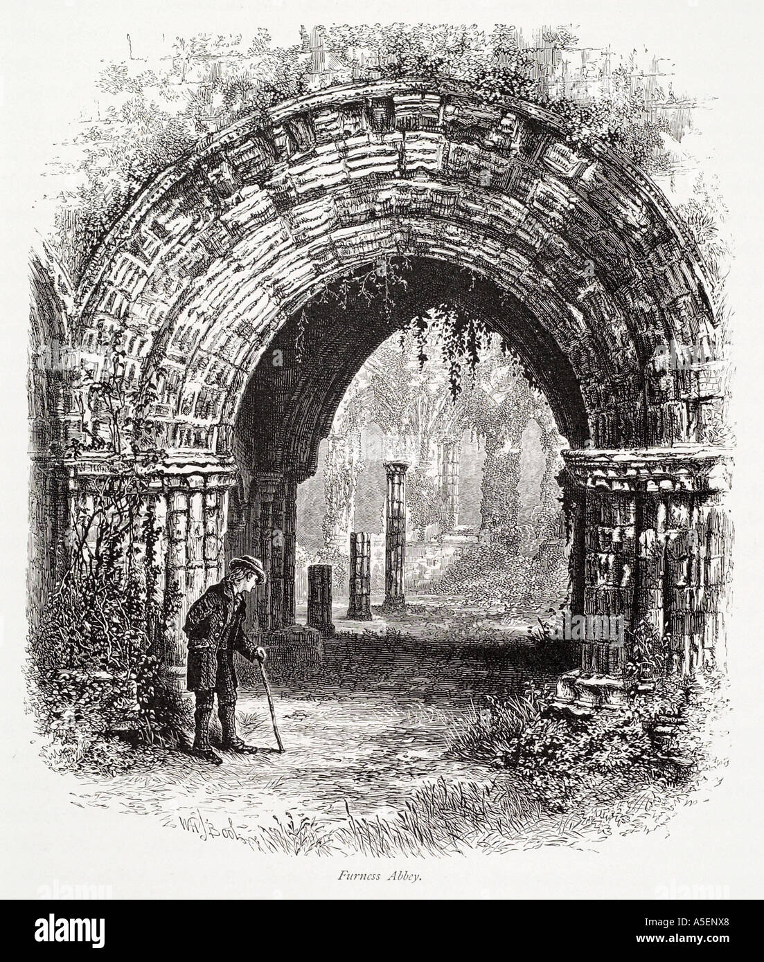 Furness Abtei Cumbria Seenplatte Tresor Bogen christlichen Ruine Stein schnitzen gotischen mittelalterlichen GB UK England Englisch Großbritannien G Stockfoto