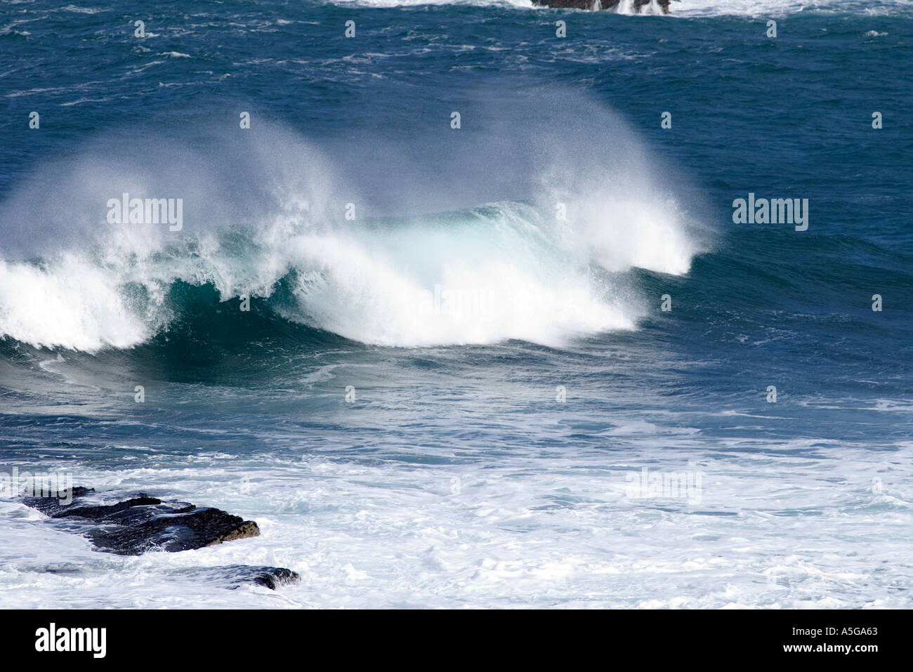 dh Nordküste BIRSAY ORKNEY Surf Meereswellen brechen auf Shore-Power-Rollen sprühen aus nächster Nähe abstürzende große Welle schottland Stockfoto