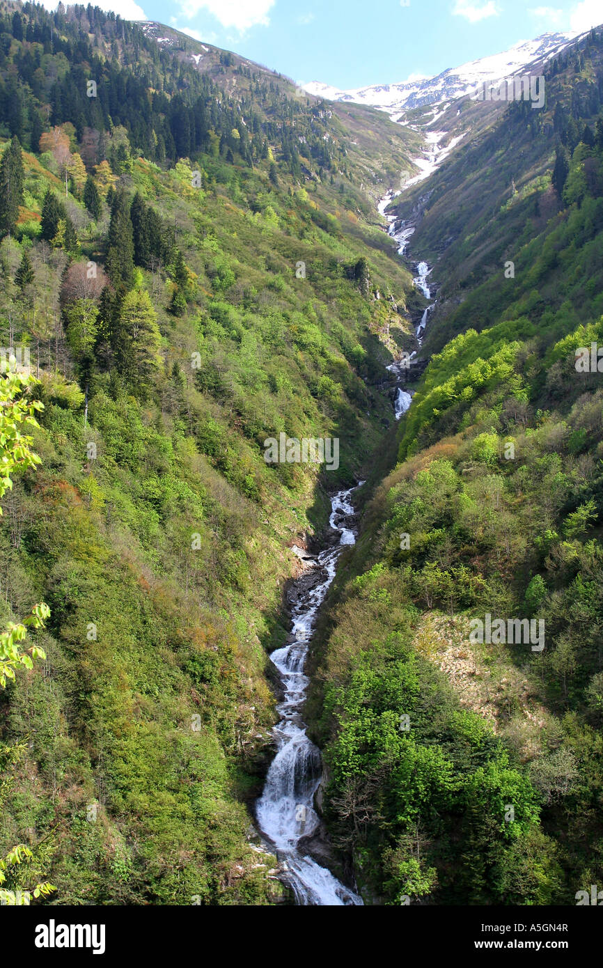 von oben nach dem Tal fließenden Gebirgsbach in den Pontical Bergen, Türkei, Nordostanatolien, Kaçkar Daglari Millipark Stockfoto