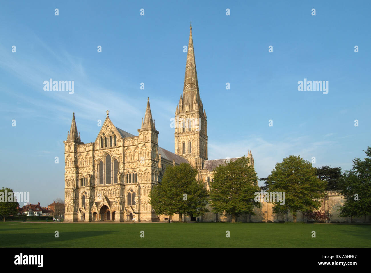 Historisches Wahrzeichen frühenglische gotische Architektur Kirche Tower & Spire Anglican Salisbury Cathedral & Trees close Wiltshire Landscape England Großbritannien Stockfoto