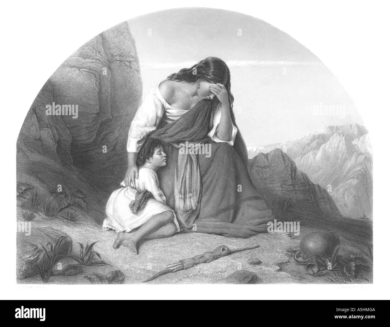 Hagar und Ismael in die Wüste hinausgeworfen von Abraham: 1. Mose Kapitel 21 Vers 16 Gravur Stockfoto