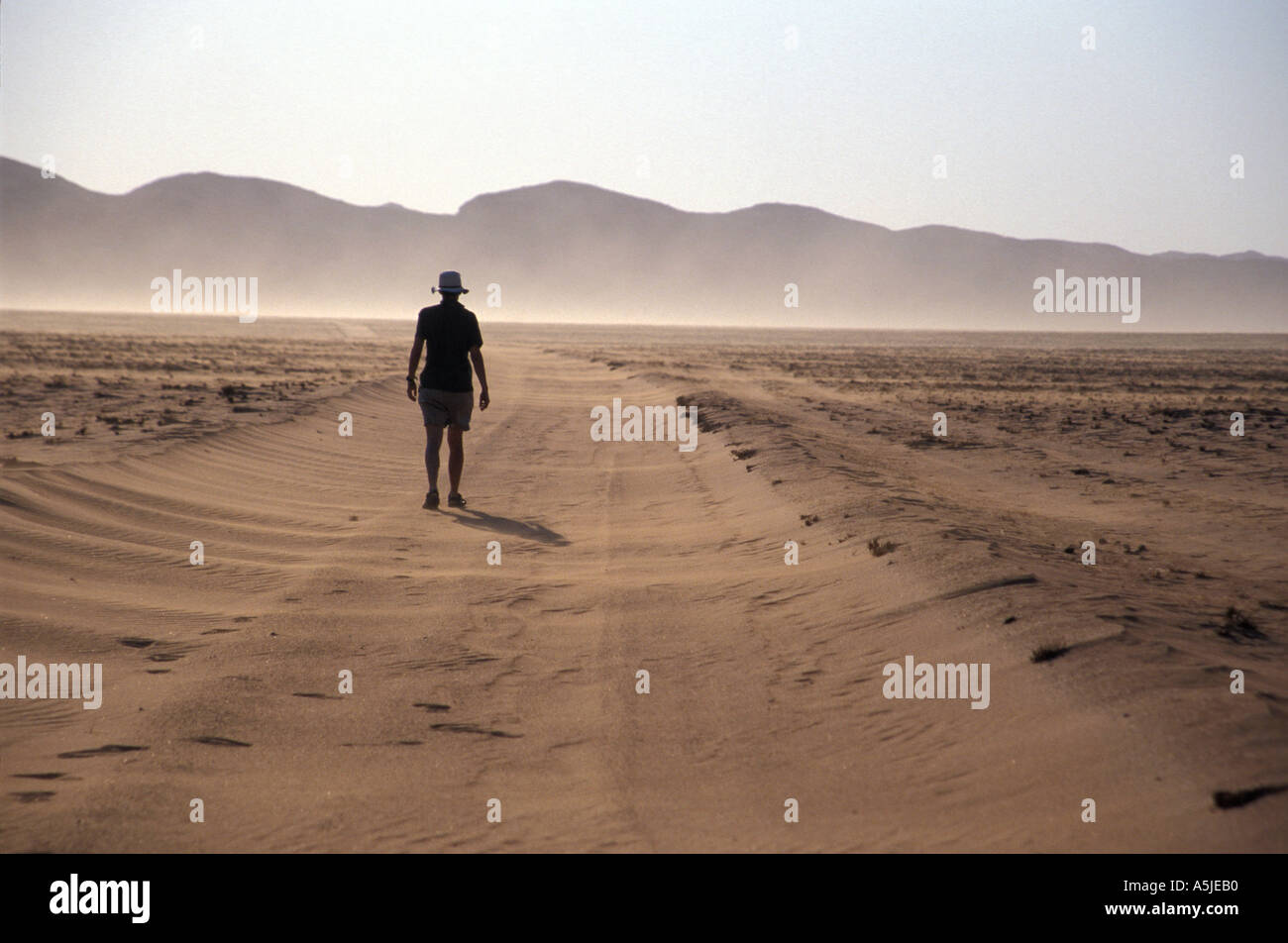 Eine einsame amerikanische Wanderer, die in einer leeren Wüste während eines Staubsturms nahe der Skeleton Coast in Damaraland, Namibia, Afrika, wanderte Stockfoto