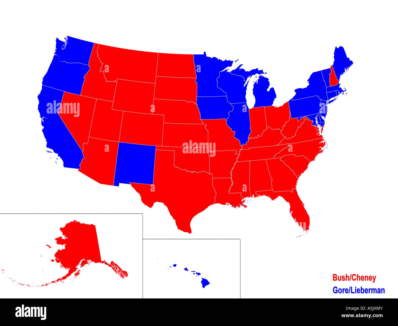 Vereinigte Staaten Präsidentenwahl Ergebnisse Karte für das Jahr 2000 Stockfoto