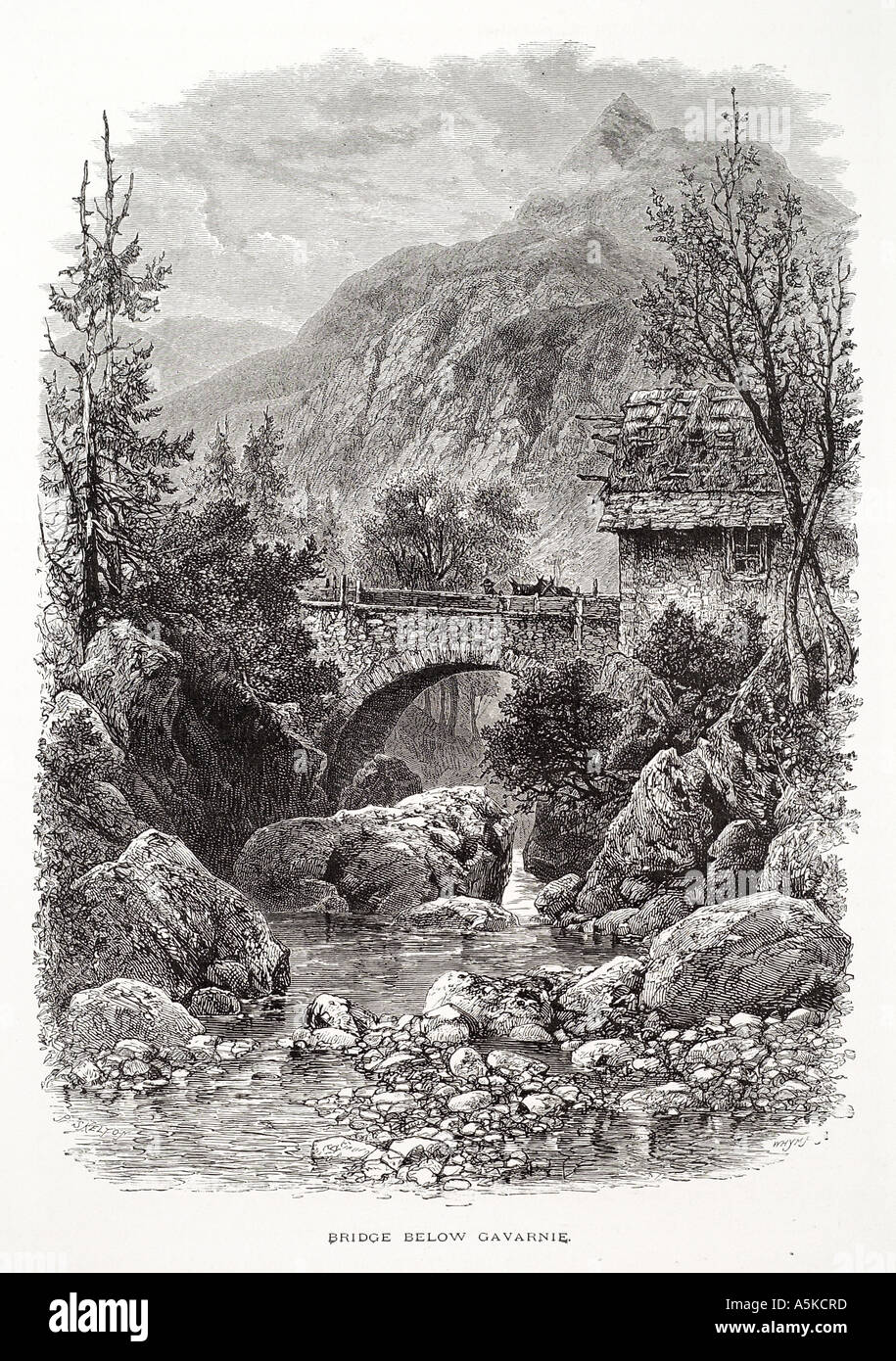 Gavarnie Vorberg Span Bogen Fluss Steinhaus Baum Boulder Mountain Nationalpark Midi-Pyrénées Pyrenäen Frankreich französische Tal Stockfoto