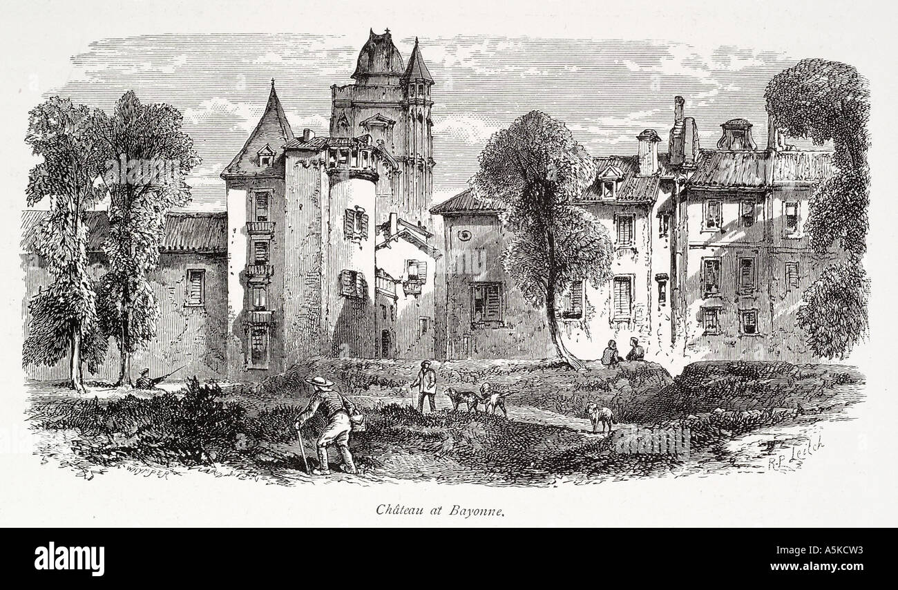 Schloss Bayonne Hautes Pyrénées baskischen Midi Frankreich Französisch Haus Baum grüne Freifläche Männer Hund Auslöser Tower Turm Ziegeldach Stockfoto