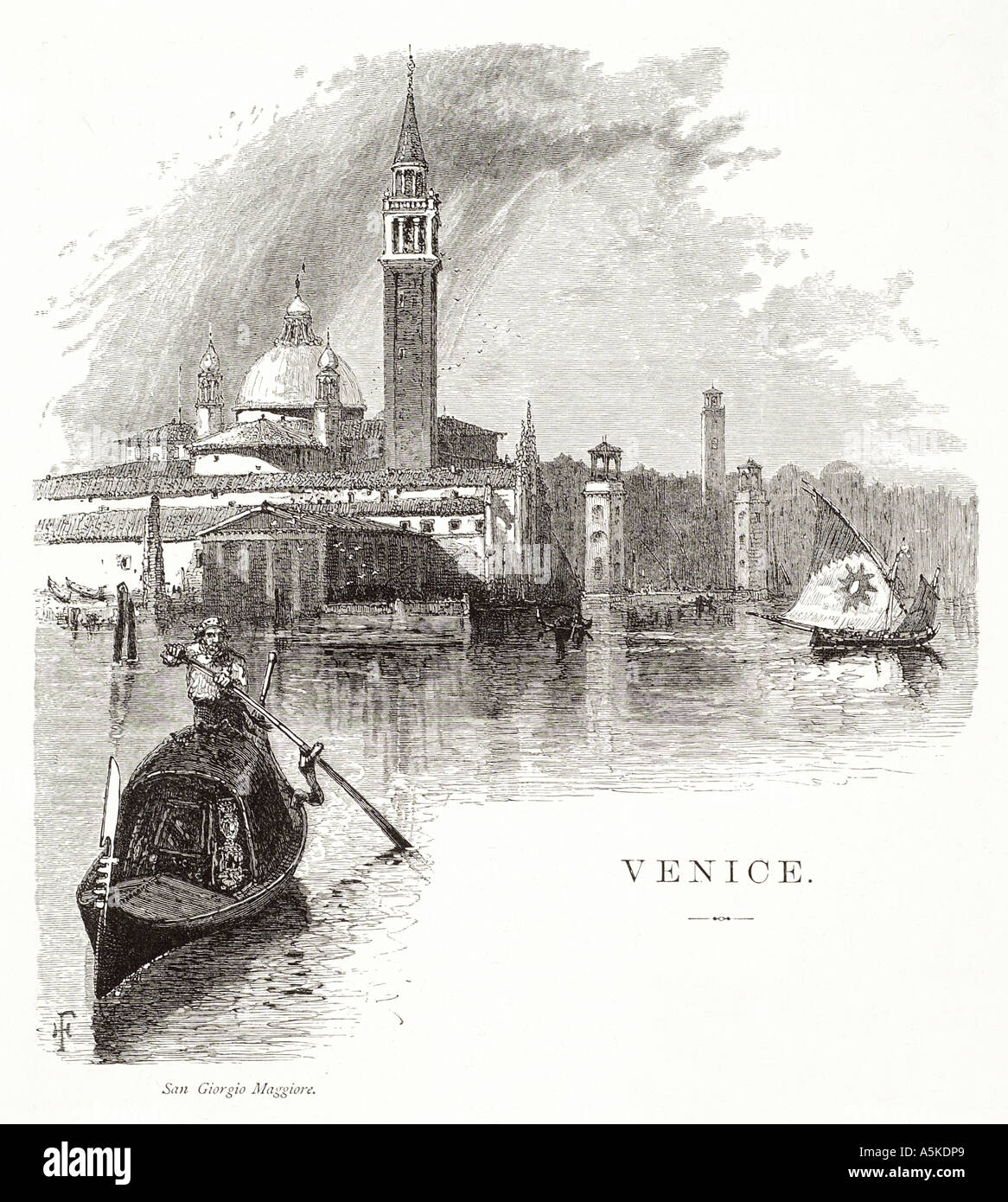 Gondel Isola di S Girorgio Maggiore Insel Venedig Veneto Italien italienische Lagune Wasser San Marco Segel Boot Transport Turm Kirche Stockfoto