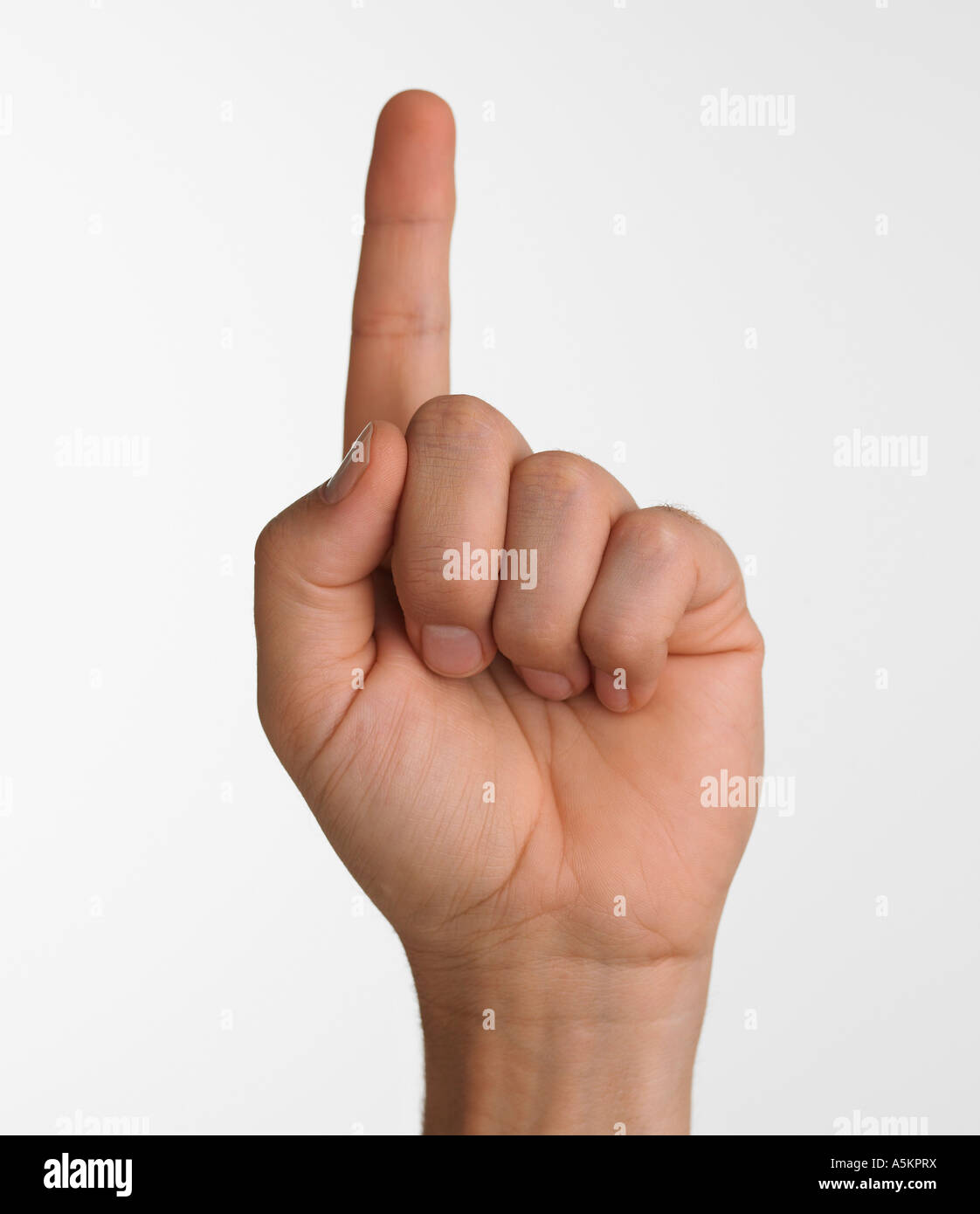 Studioaufnahme von Hand mit dem Zeigefinger nach oben Stockfotografie Alamy