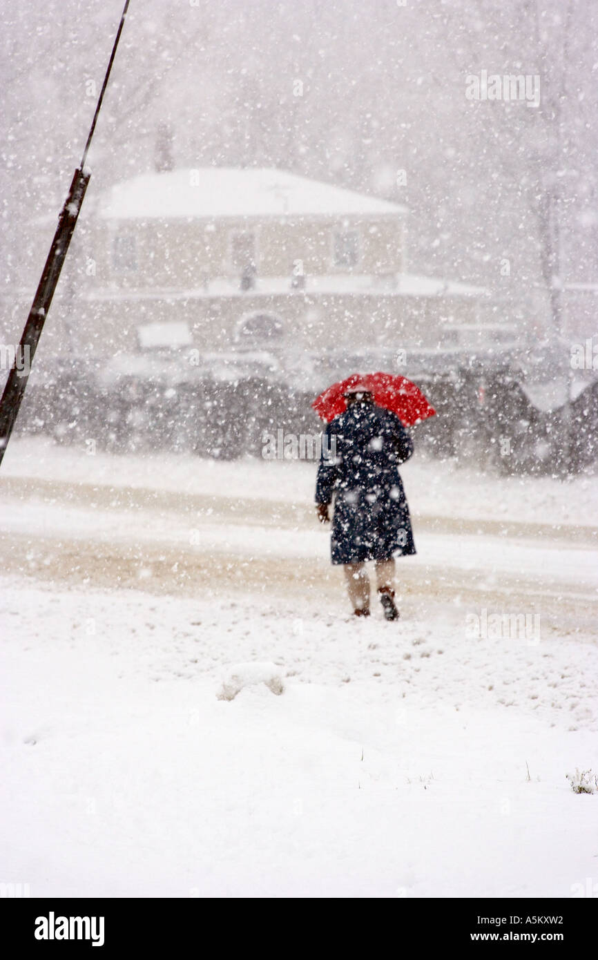 Mann mit roten Regenschirm in einem Schneesturm erwischt Stockfoto