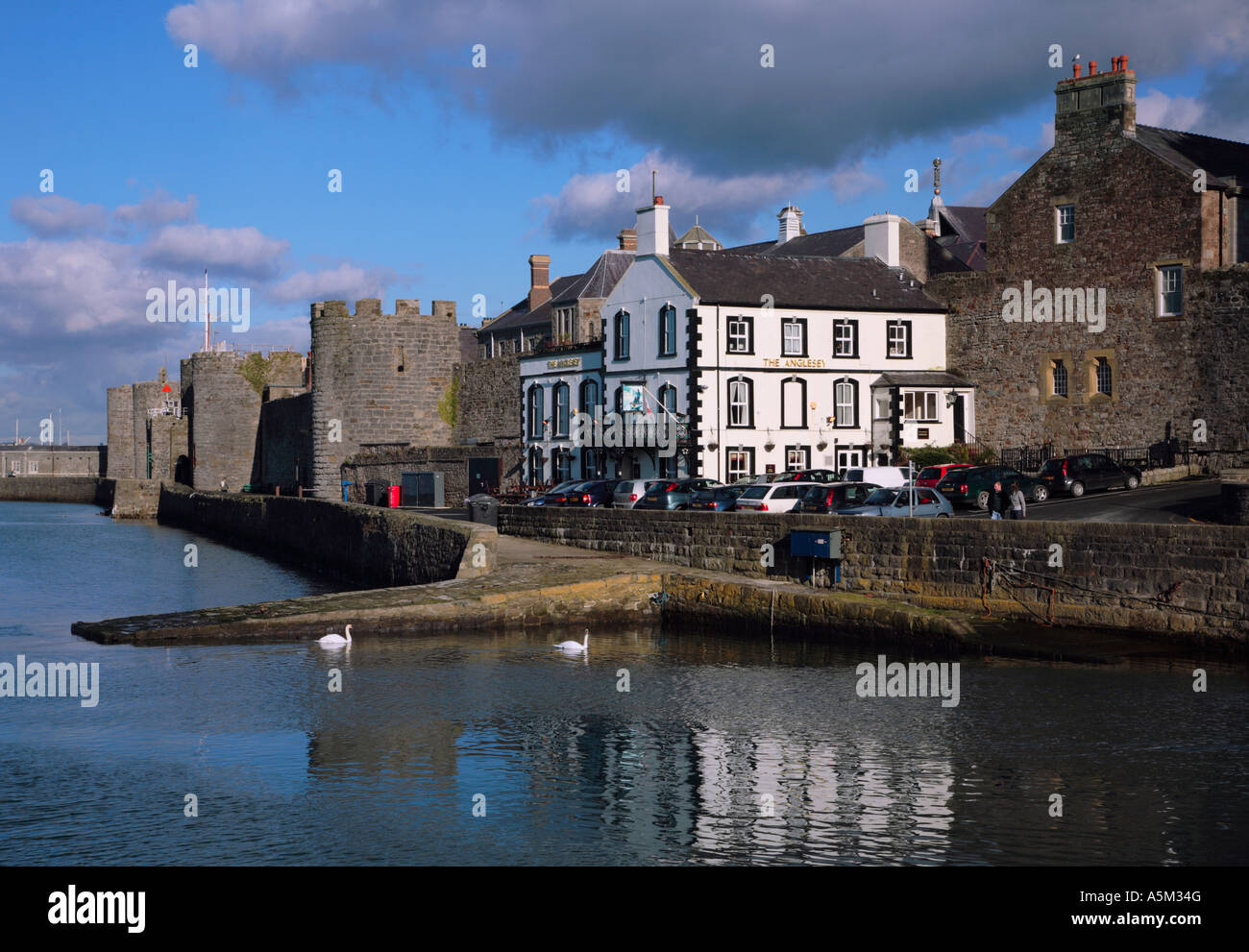 Die Angelsey Pub gebaut Oustide die historische Stadtmauer von Caernarfon Gwynedd Wales Stockfoto