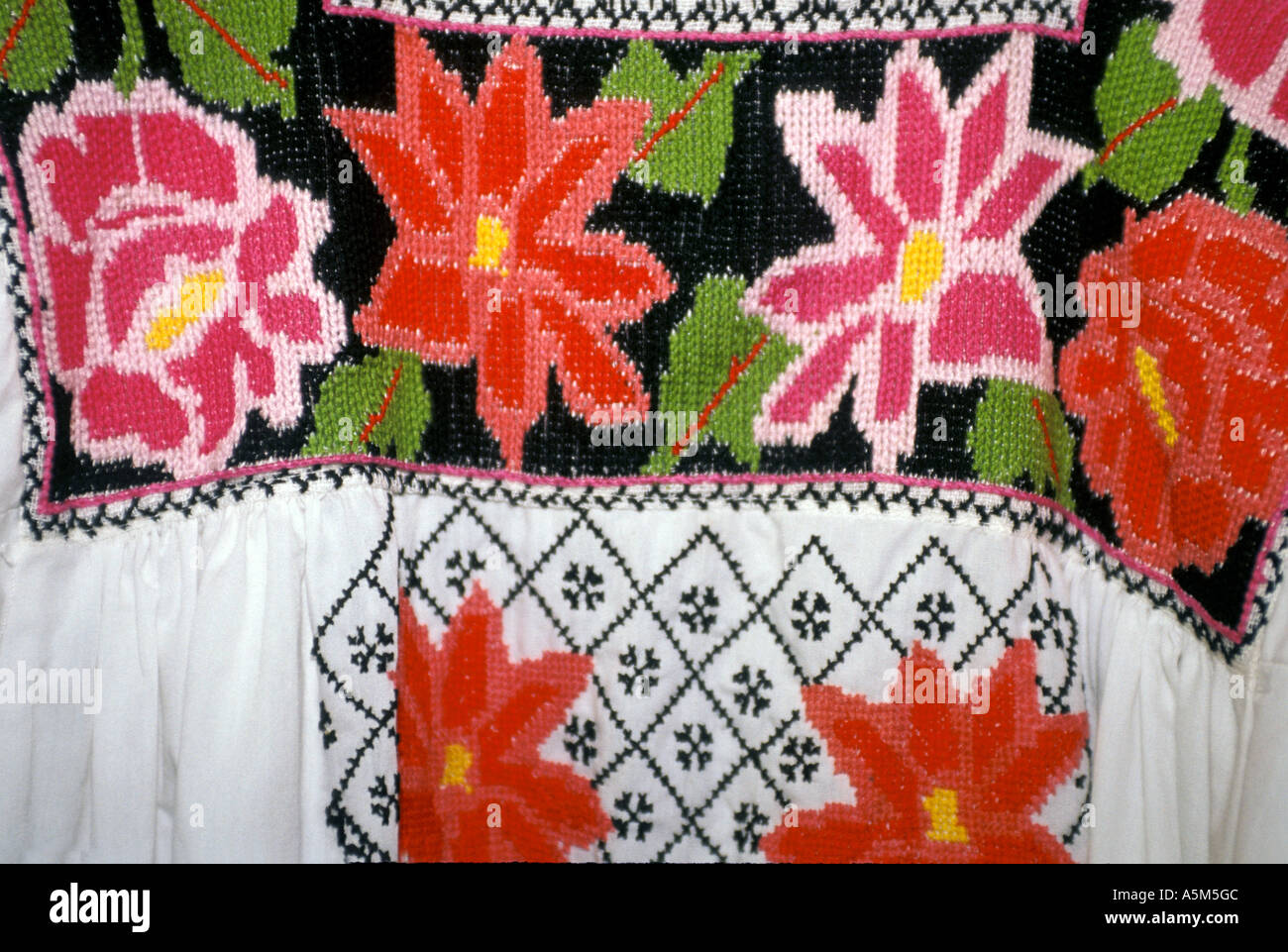 Yucatan Mexiko traditionellen bäuerlichen Kleid rot-rosa-orange Stockfoto