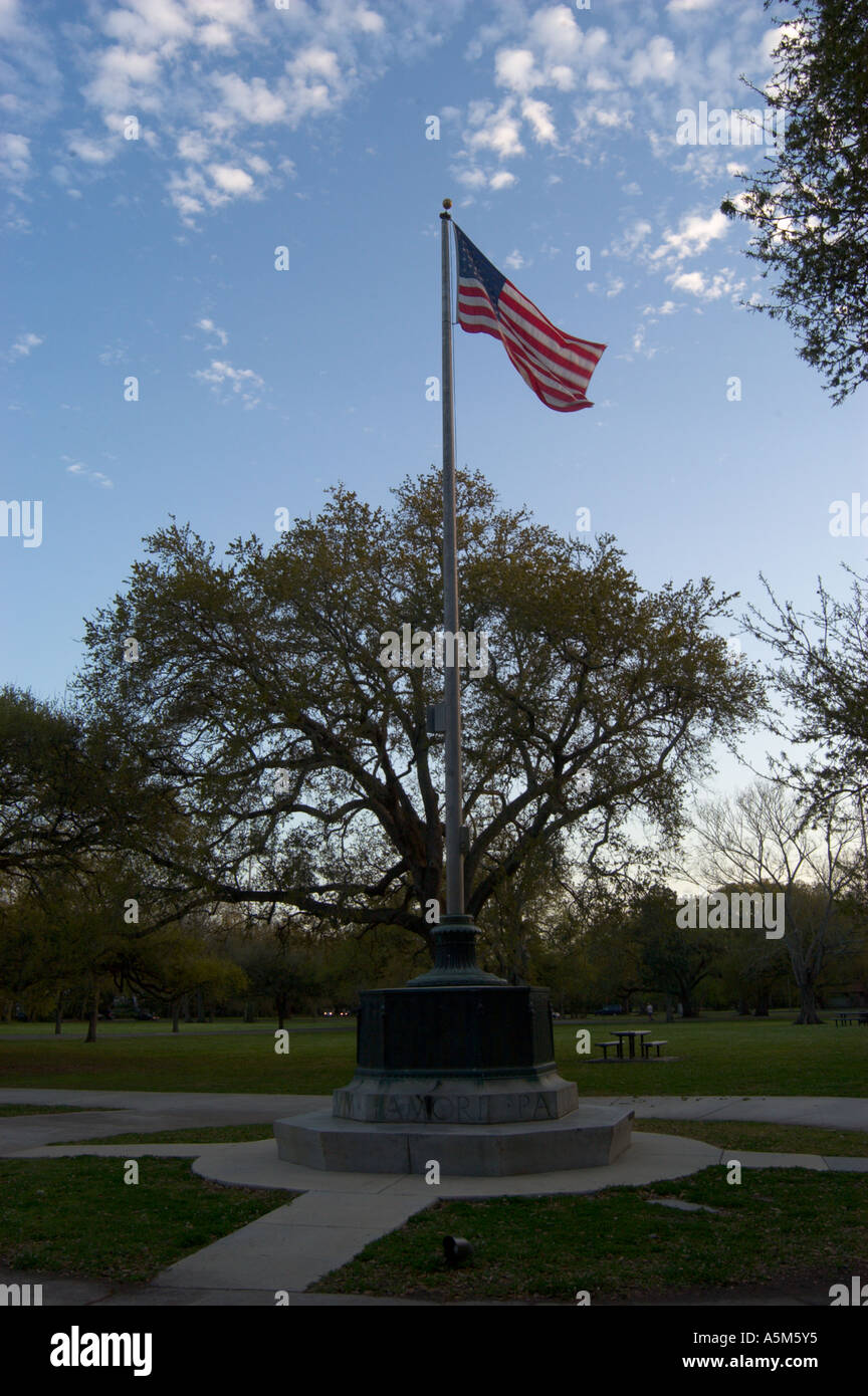 Eine amerikanische Flagge Wellen im Wind vor blauem Himmel übersät mit weißen Wolken in der Abenddämmerung im Audubon Park in New Orleans LA vor dem verheerenden Hurrikan Katrina getroffen Stockfoto